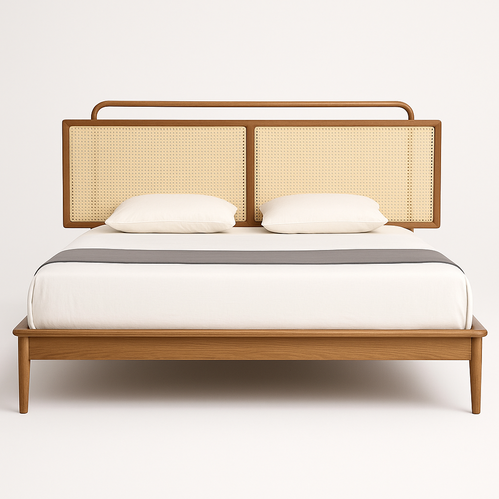Front view of a Scandinavian teak platform bed with double-panel woven rattan cane headboard, rounded top rail, low-profile wooden frame and neutral white bedding with two cream pillows and a gray bed runner.