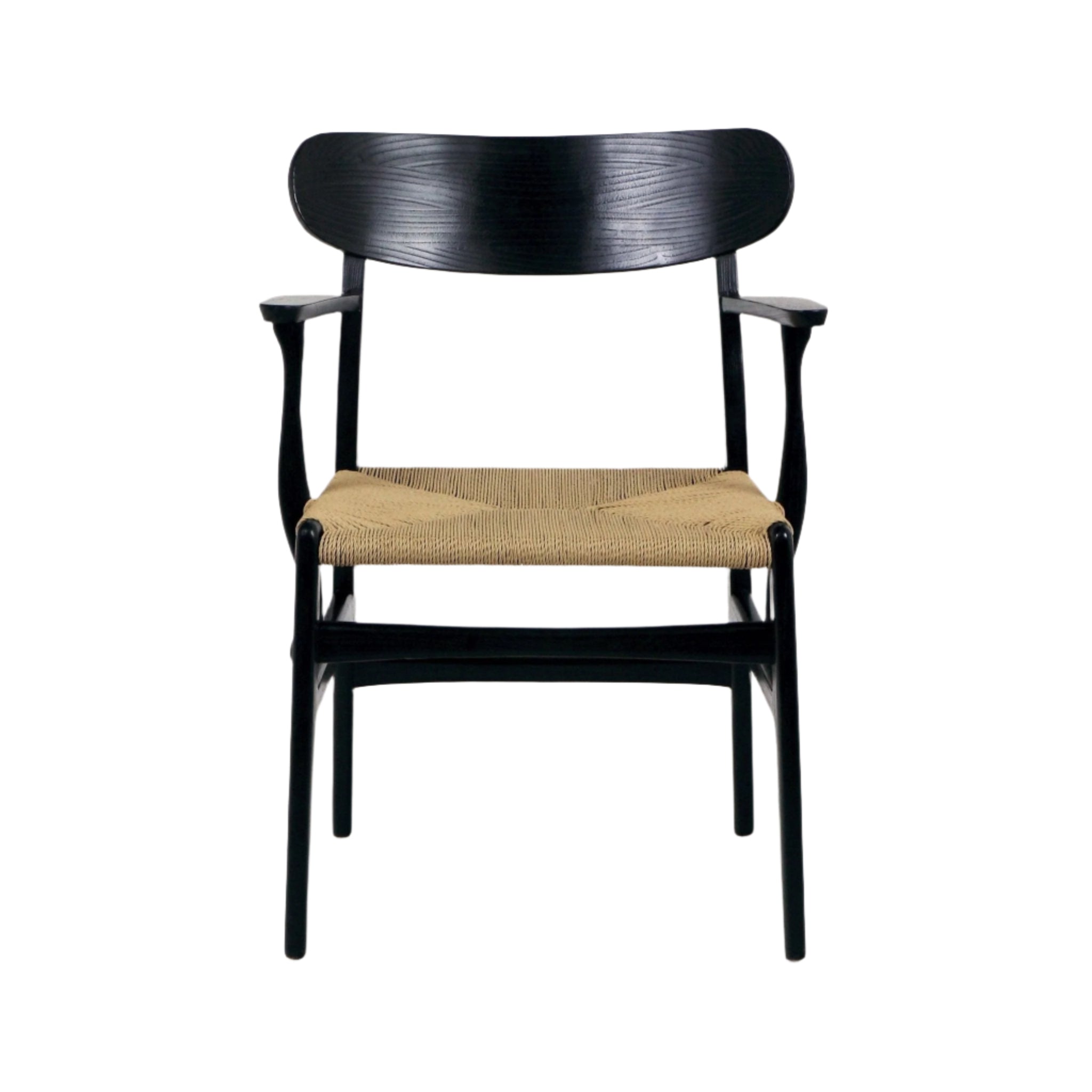 Front view of a modern black solid wood dining chair with a wide curved backrest, slim armrests and a natural woven rope seat.
