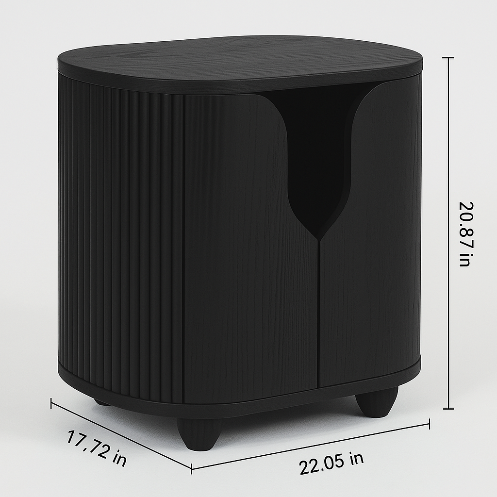Black solid-wood nightstand with rounded top, vertical fluted side panels, a curved central cutout door revealing an open shelf, and short tapered feet — modern Scandinavian bedside table shown with measurements.