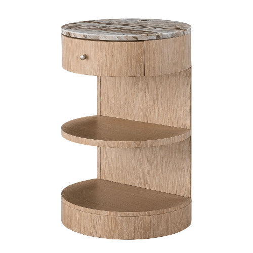 Round contemporary nightstand with a white-gray marble top, curved blonde solid wood body, one small drawer and two open semicircular shelves for bedside storage.