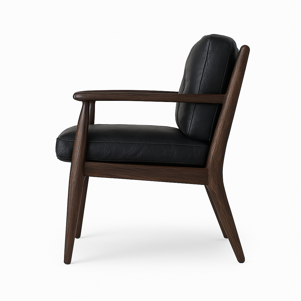 Side profile of a mid-century modern dining chair with black aged nubuck leather seat and backrest, walnut wood frame with tapered legs and wooden armrests against a white background.