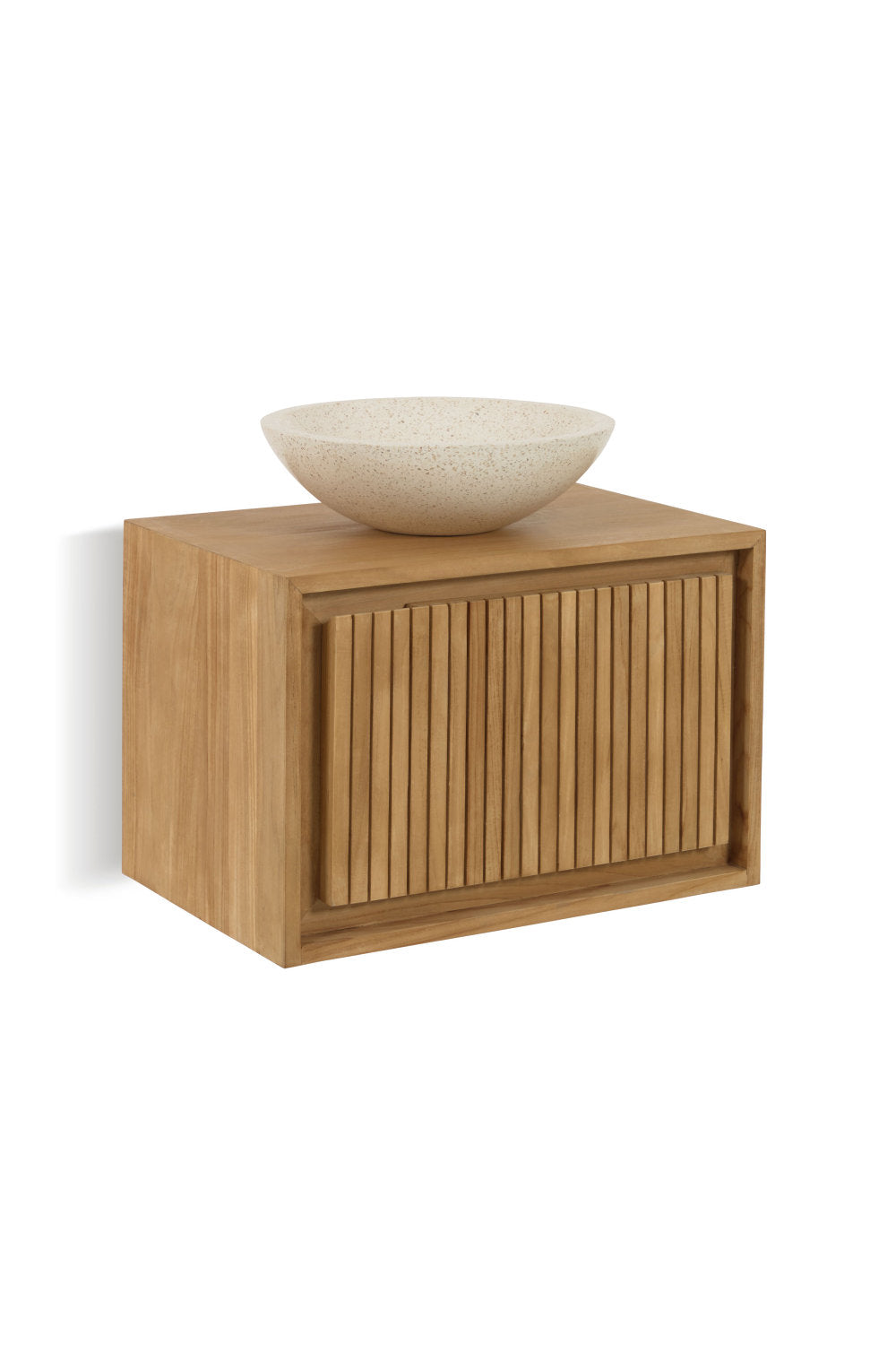 24-inch wall-mounted solid wood vanity with vertical slatted cabinet front and recessed frame, topped by a round speckled stone vessel basin in a stone color, modern contemporary bathroom vanity.