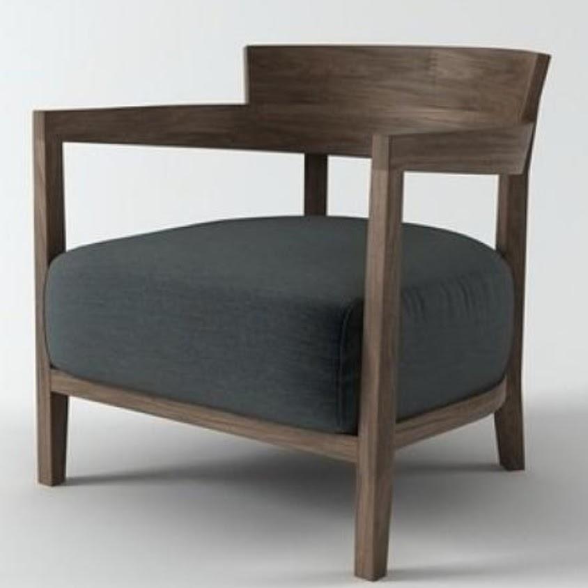 Modern lounge chair with a solid teak wood frame and dark gray fabric upholstered seat, low-profile cushion, open back and angular arms, photographed on a neutral background.