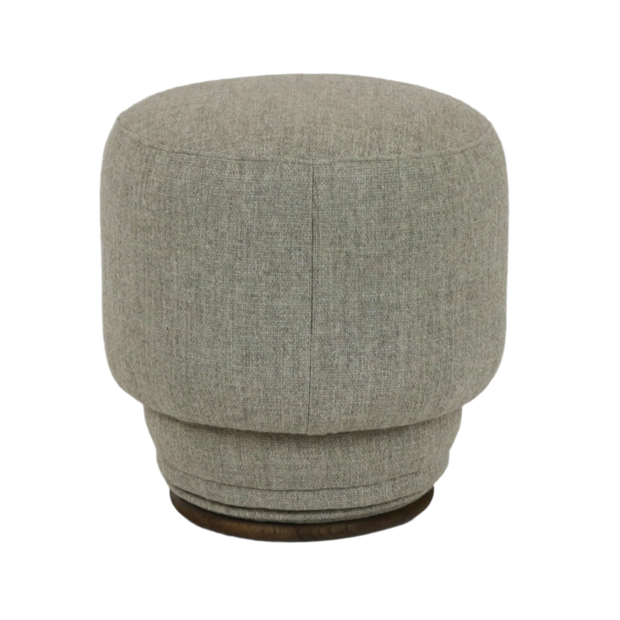 Modern round outdoor ottoman upholstered in light gray textured fabric with a curved silhouette and low wooden base.