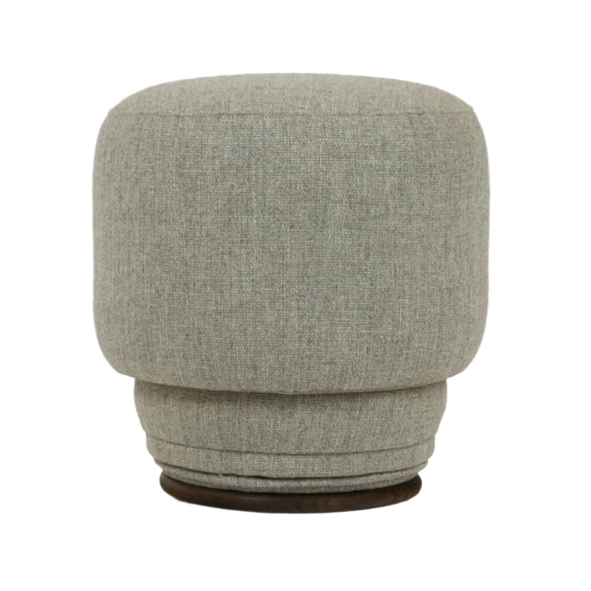 Modern round outdoor ottoman upholstered in light gray textured fabric with a curved pouf silhouette and a low dark wooden base.