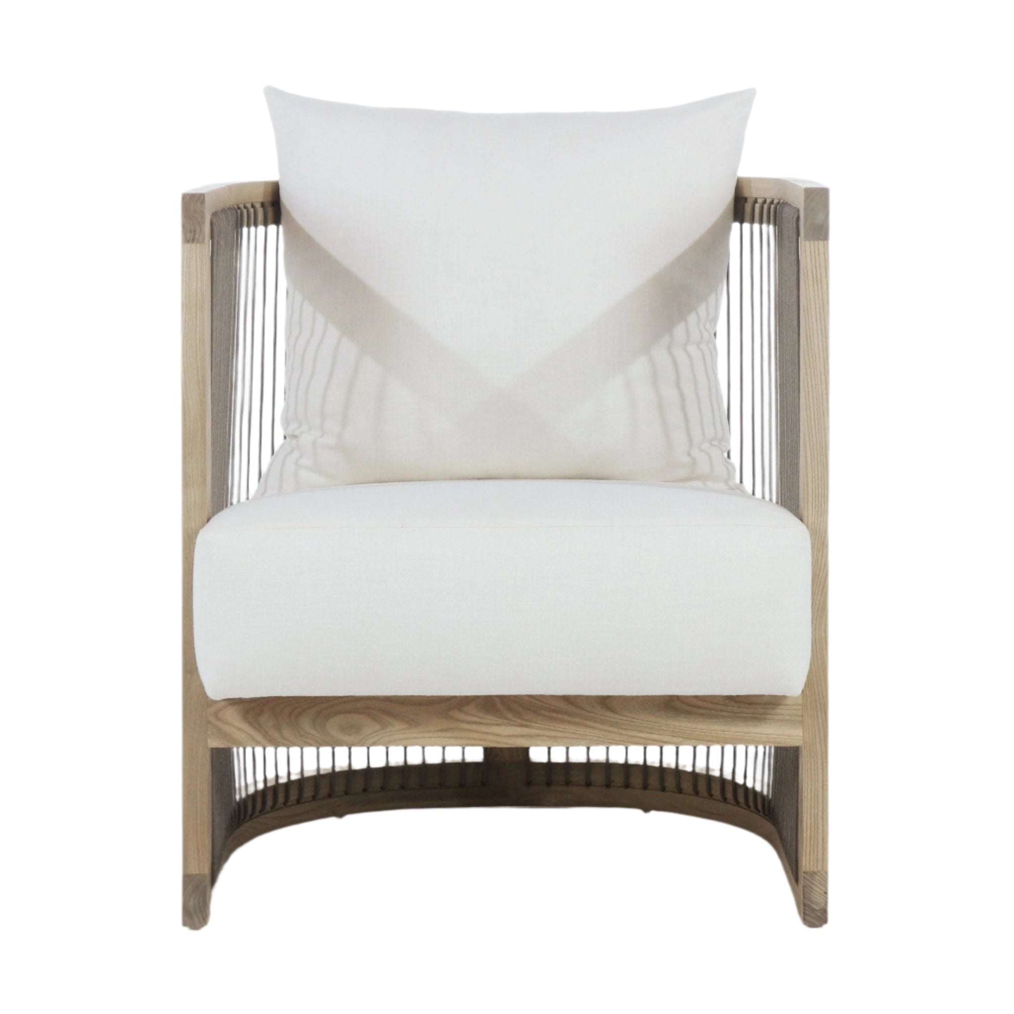Front view of a modern dining chair with white fabric seat and back cushions, natural oak wood frame, vertical rope side detailing, square arms and a gently curved wooden base.