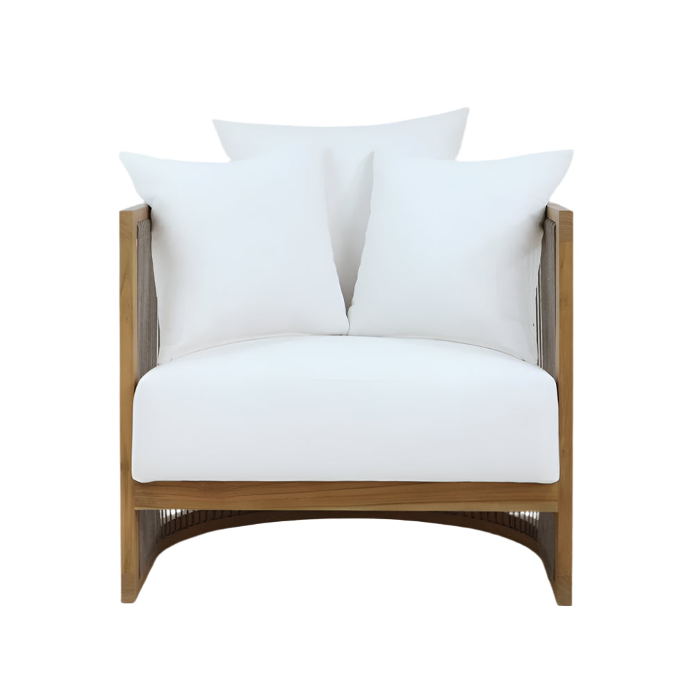 Front view of a modern lounge chair with white fabric upholstery and three plush white cushions set in a natural solid wood frame with an arched slatted base and rope-woven sides.