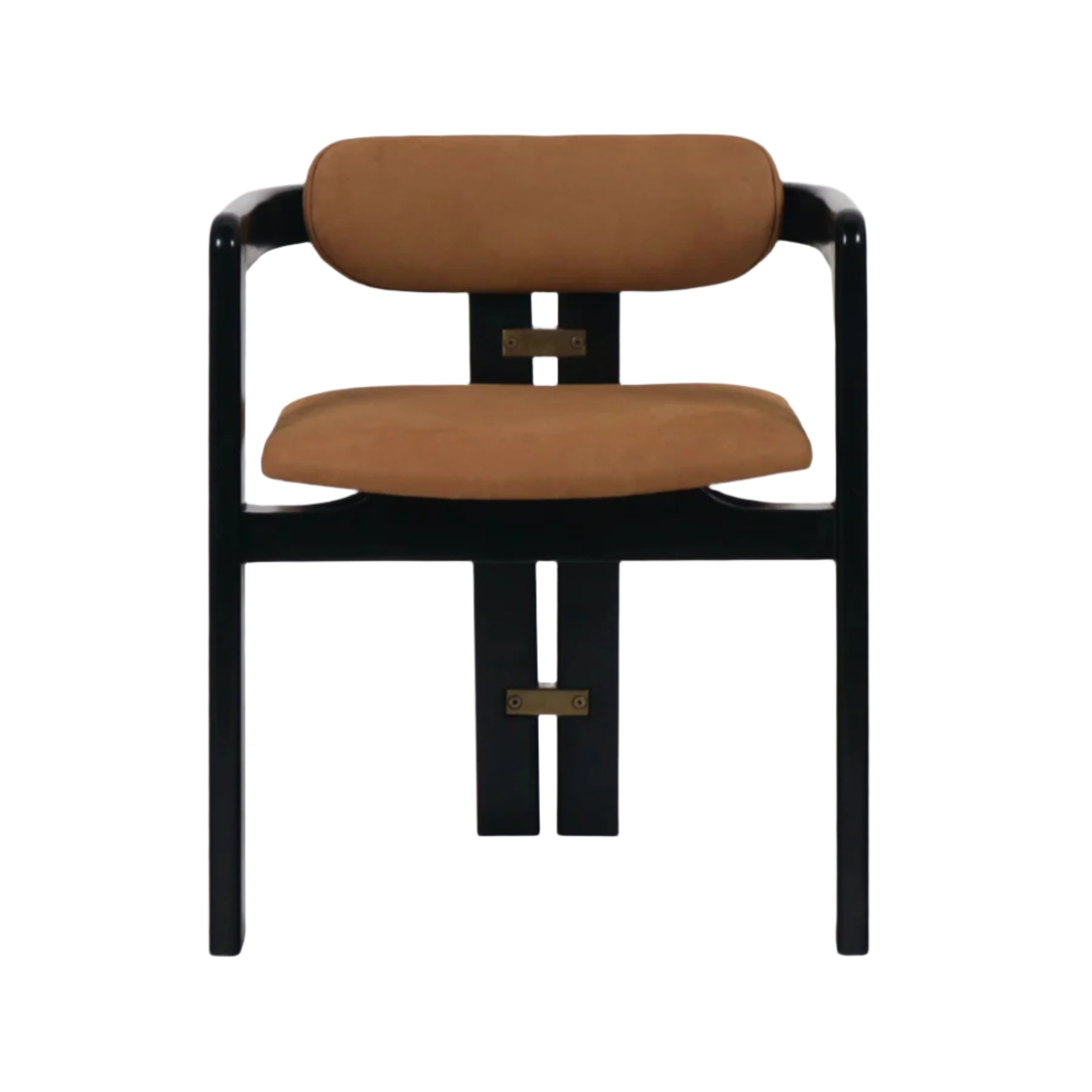 Front view of a dining chair with a black wood frame, tan nubuck synthetic seat and rounded backrest, curved armrests, and brass bracket accents on the back support and lower stretcher.