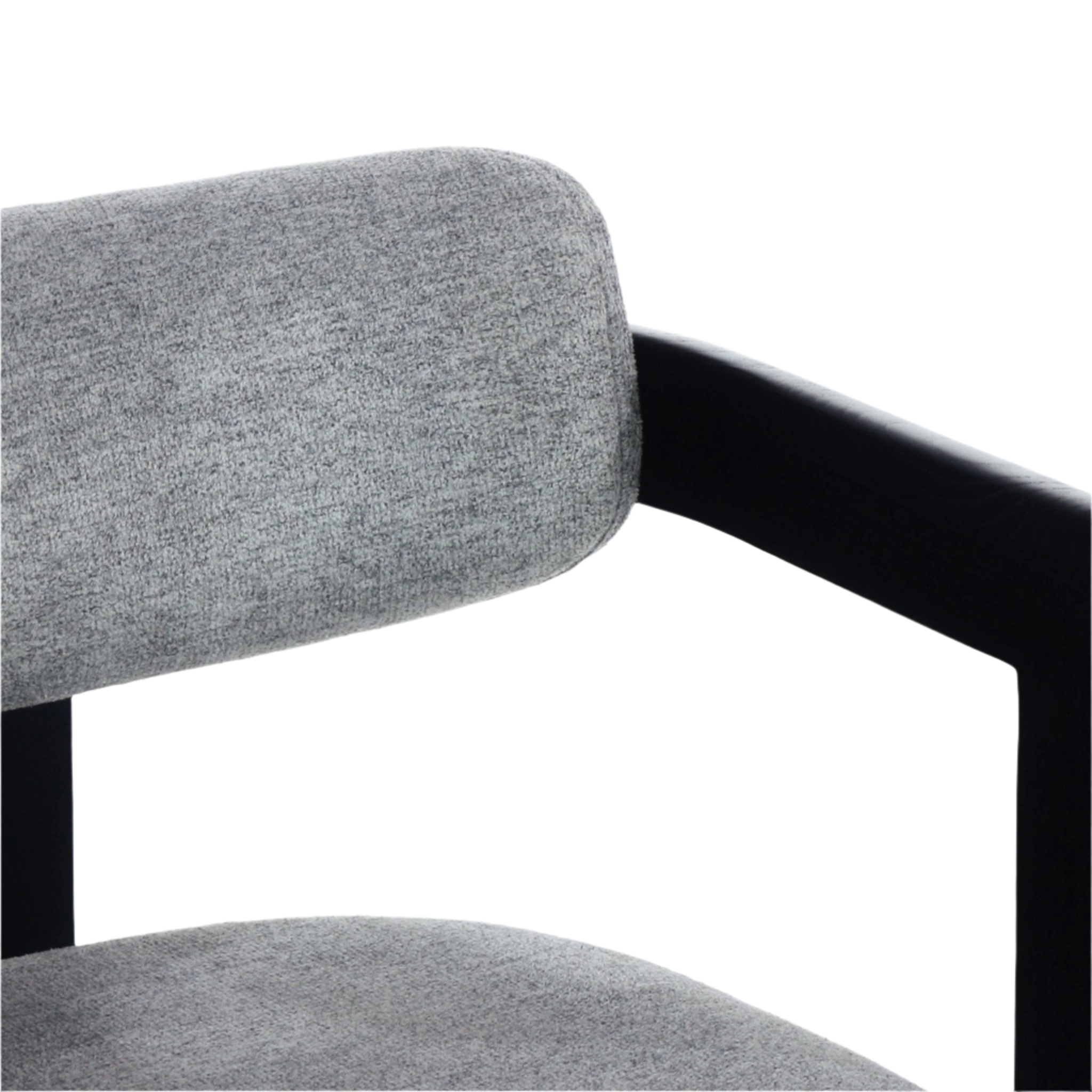 Close-up of a modern dining chair showing a grey boucle upholstered back and seat cushion paired with a curved black wood arm and frame.