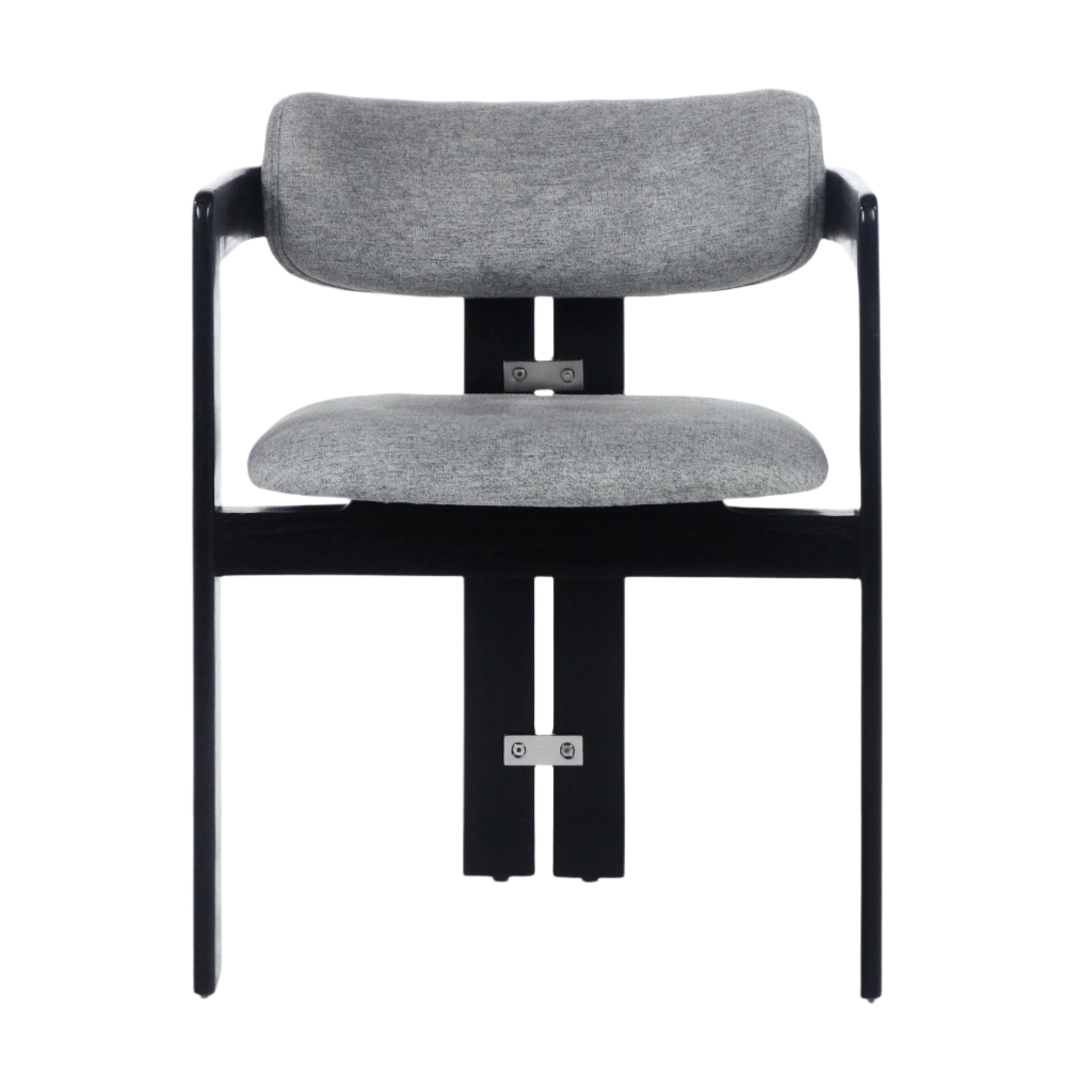 Front view of a mid-century modern dining chair with grey fabric seat and back, black wooden frame with integrated arms and visible metal brackets and screws.