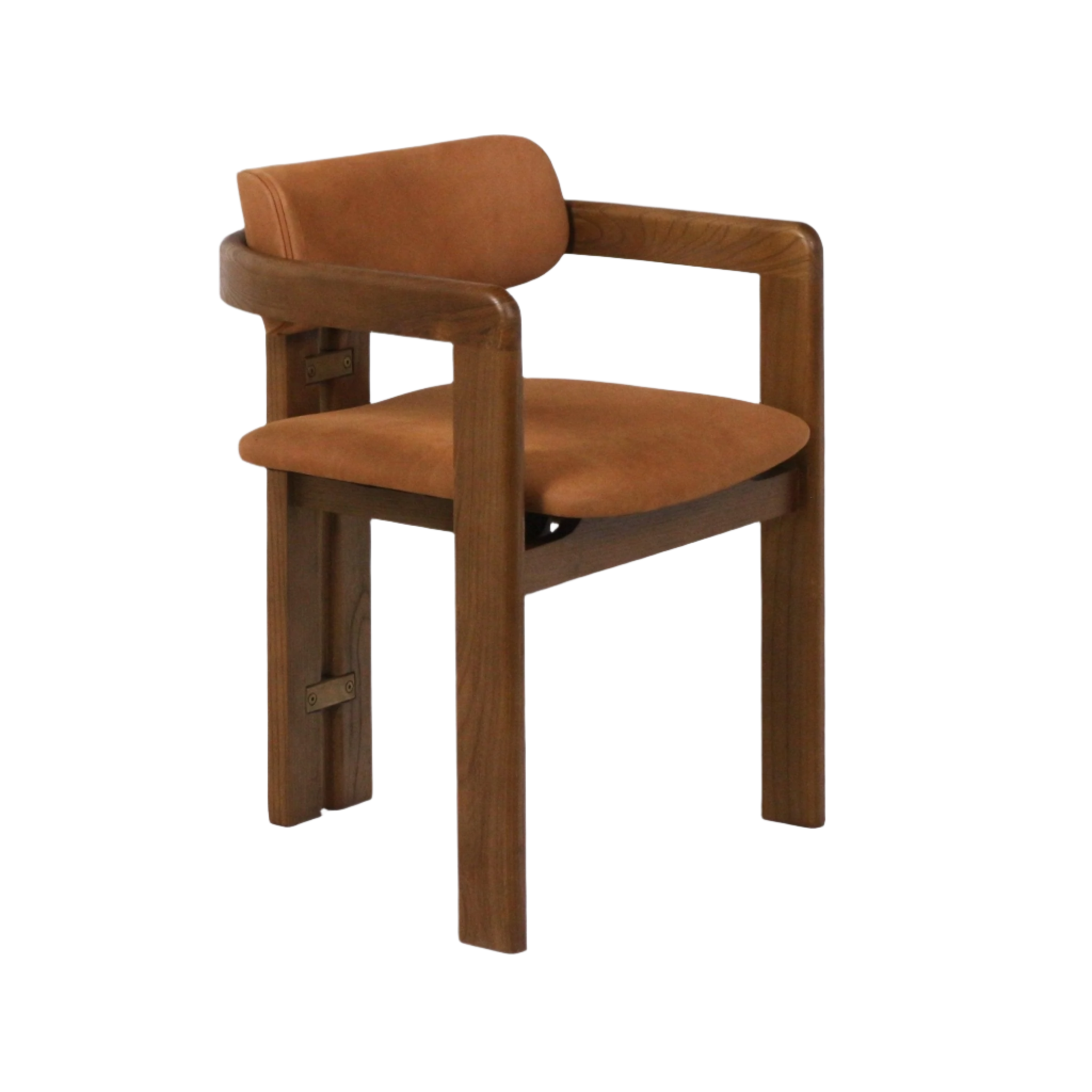 Mid-century modern dining chair with a natural teak frame, curved wooden armrests and a padded warm brown nubuck leather seat and back with visible brass hardware.