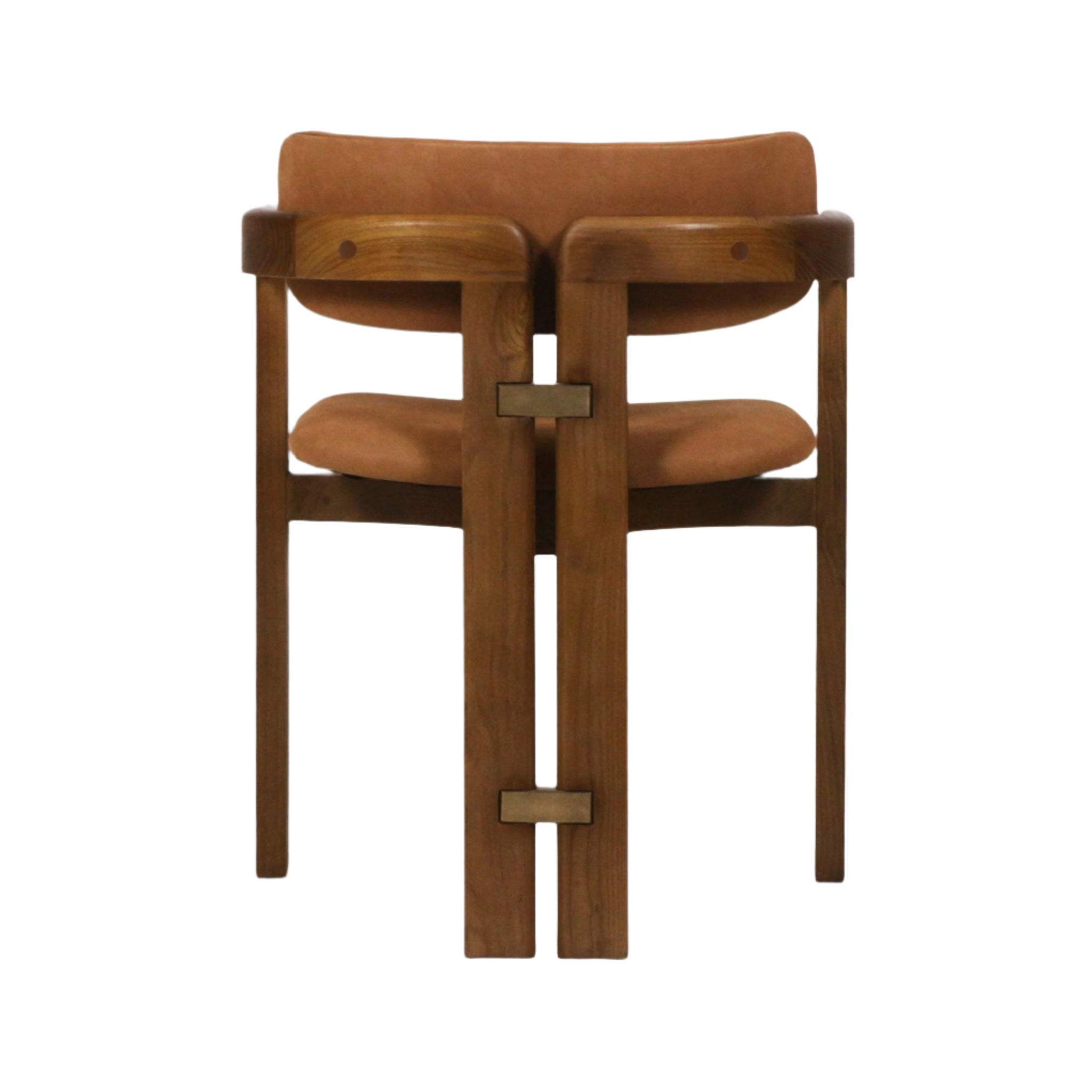 Back view of a mid-century modern dining chair with a natural teak frame, curved teak arms, warm brown nubuck leather seat and back, padded cushion and brass connector accents.