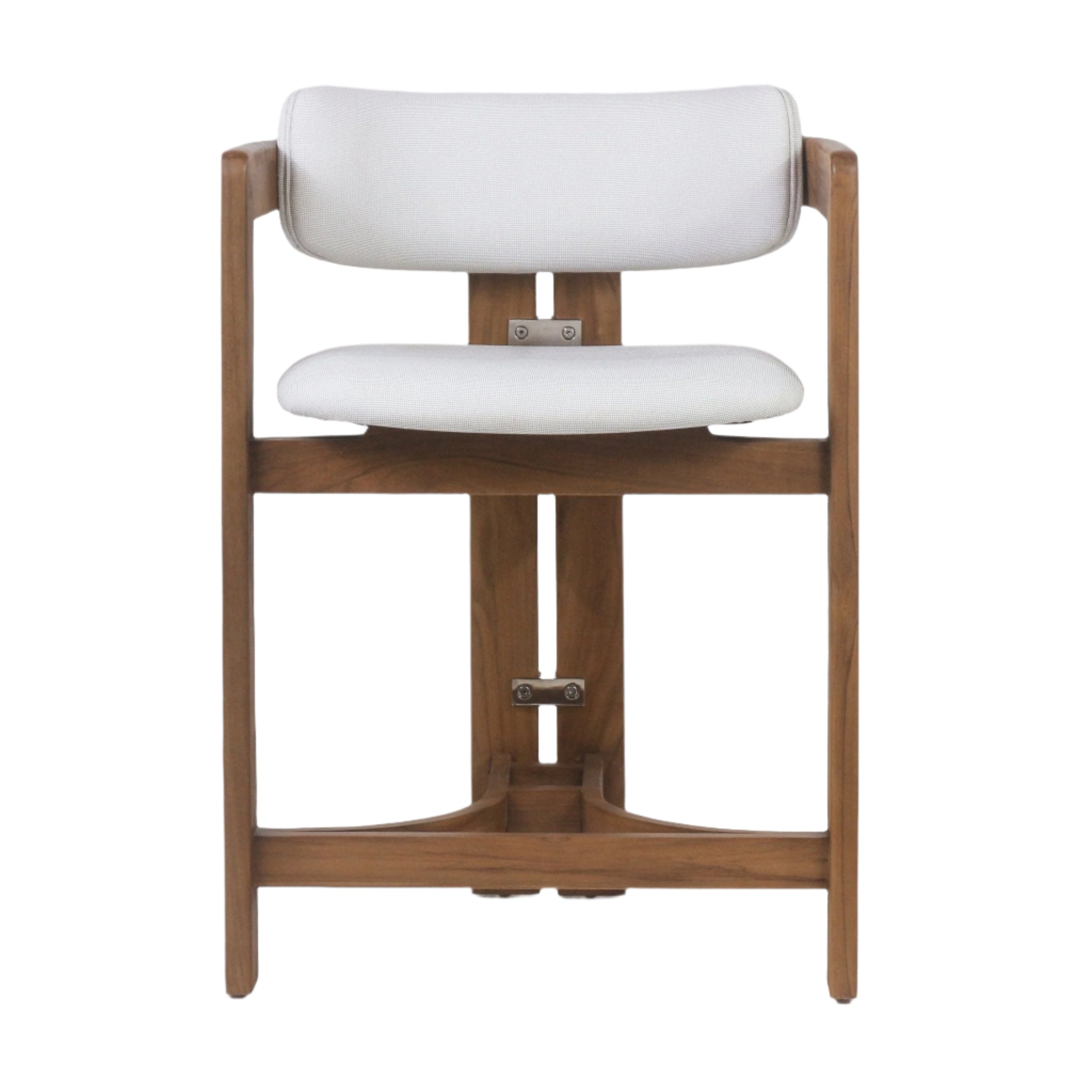Front view of an outdoor teak-framed bar stool with curved arm supports and off-white fabric seat and low back, showing metal bracket hardware and an integrated wooden footrest in a coastal contemporary style.