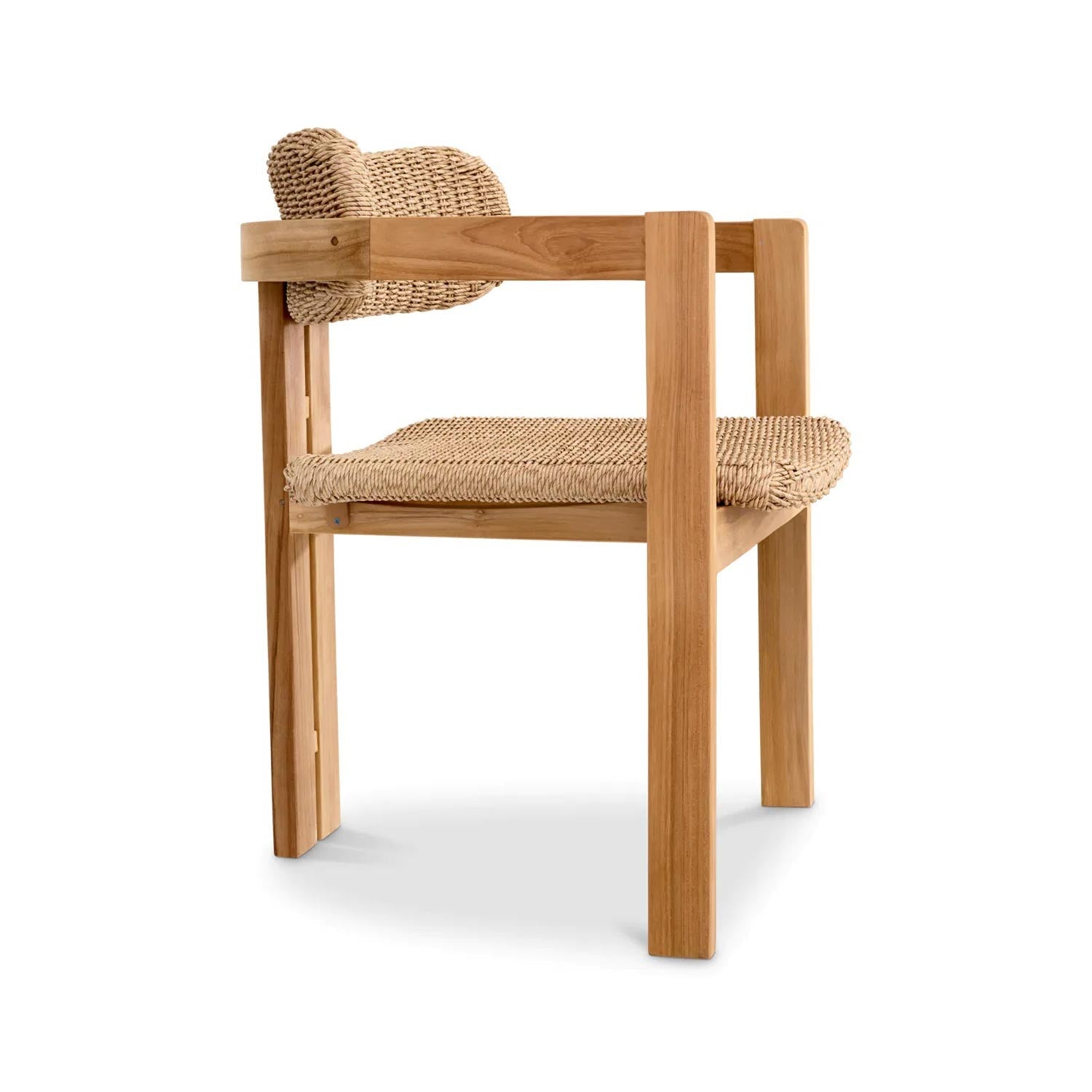 Side view of a teak outdoor dining chair with a solid teak frame in a natural finish and a woven synthetic-fiber seat and back, low armrests and a minimalist coastal-modern silhouette.