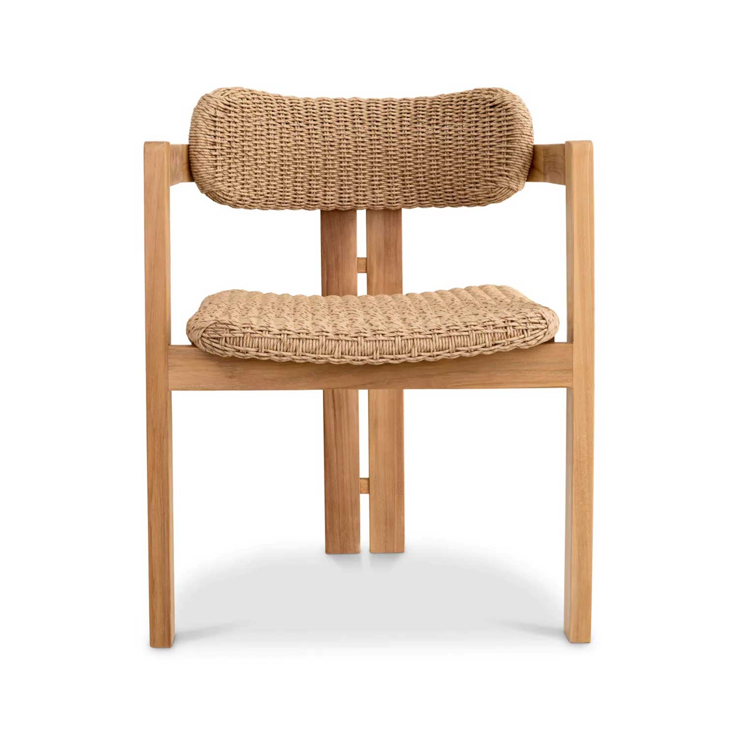 Front view of a natural teak outdoor dining chair with solid wood frame, straight legs and arm supports, and a tan woven synthetic-fiber seat and rounded woven back in a coastal modern style.