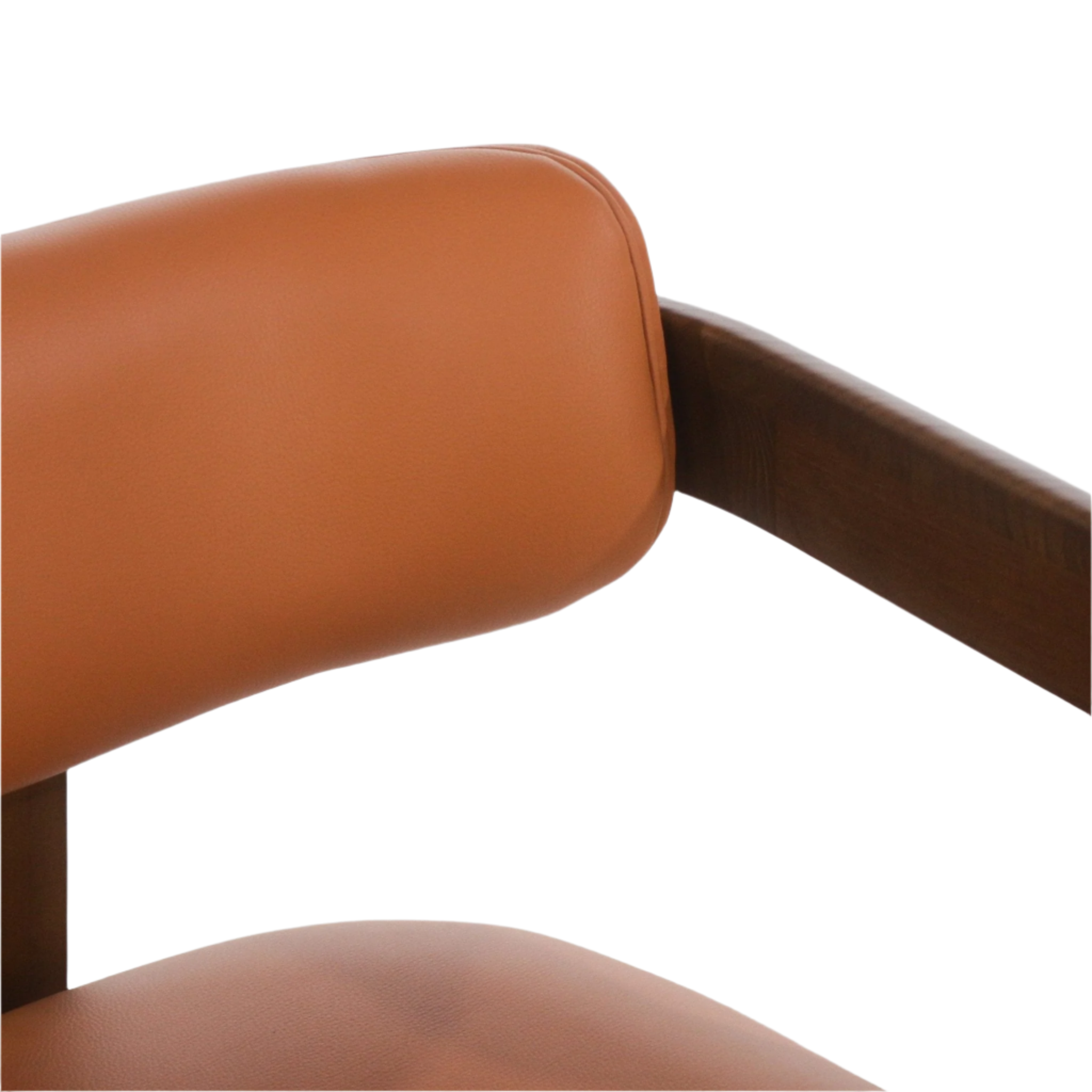 Close-up of a tan leather backrest and seat cushion with a walnut wood armrest on a mid-century modern dining chair, showing smooth upholstery and curved lines.