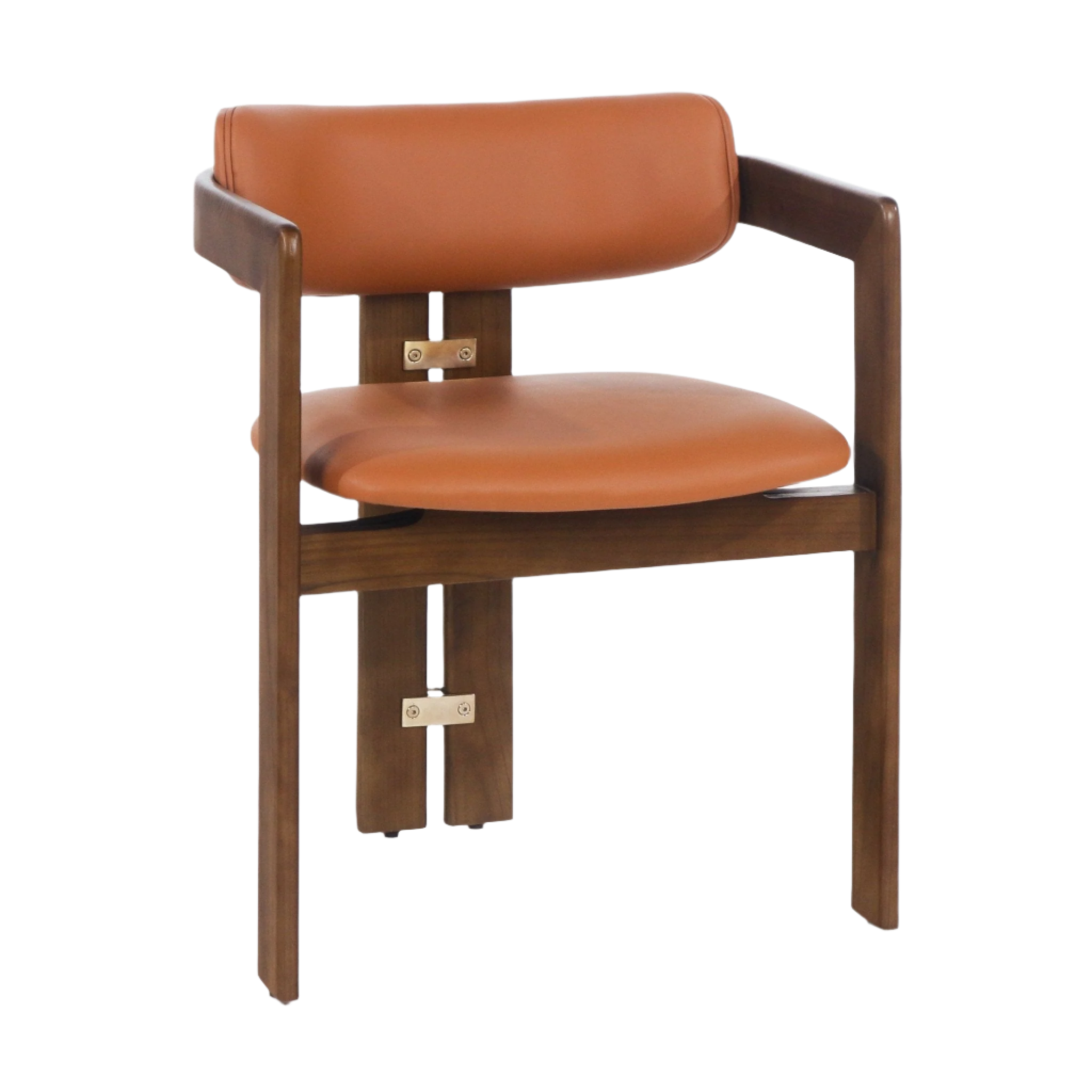 Mid-century modern walnut dining chair with tan leather seat and low curved back, open wooden arms and visible brass hardware accents on the frame, photographed on a white background.