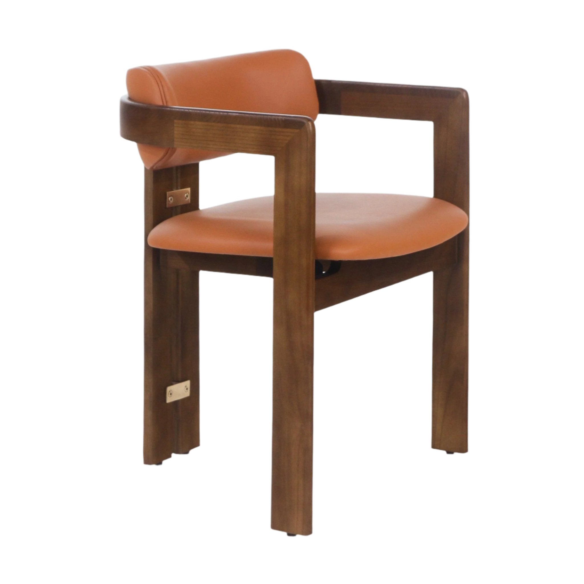 Walnut mid-century modern dining chair with tan leather seat and low rounded back cushion, squared walnut arms and legs, and small brass accent plates on the inner legs.