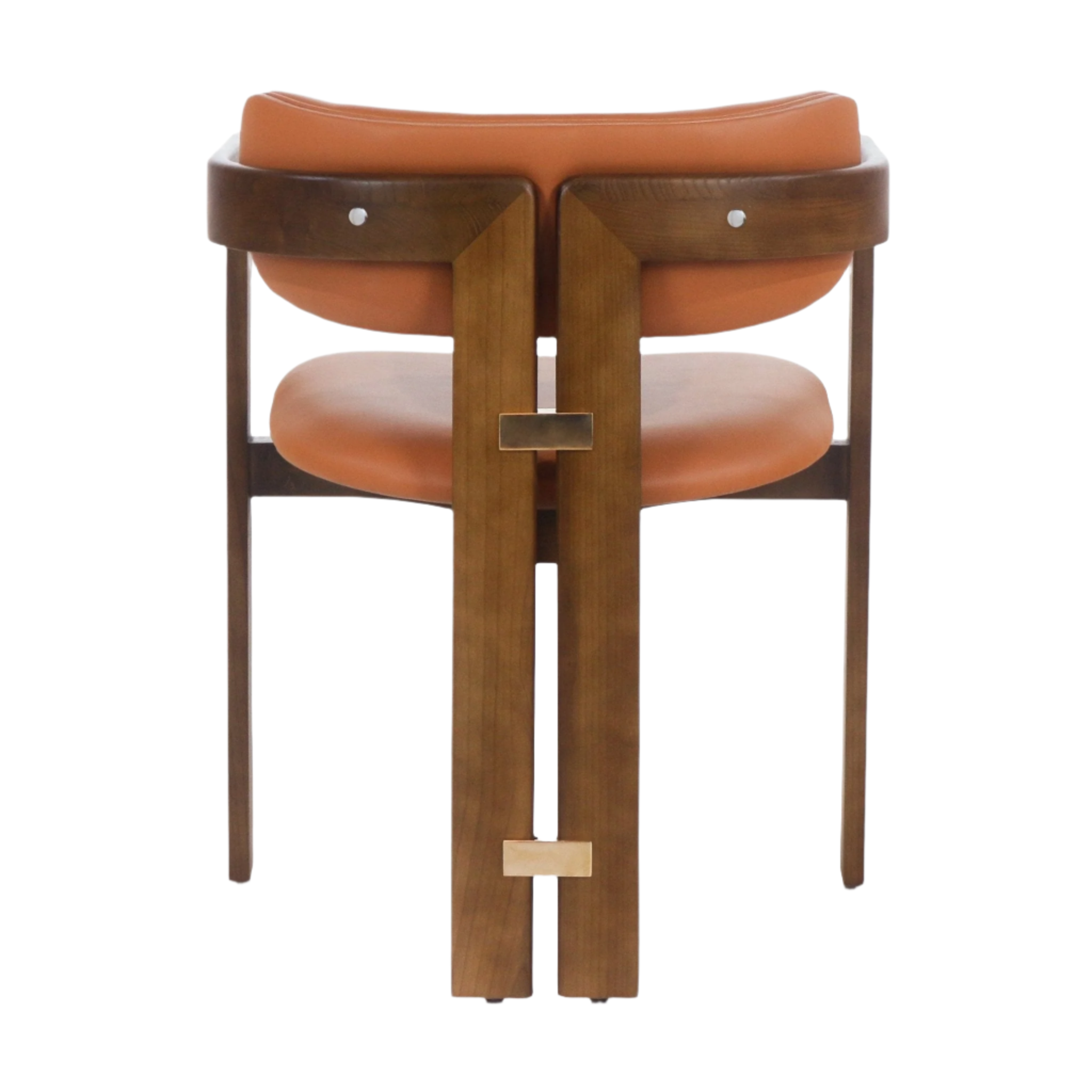 Rear view of a mid-century modern dining chair with tan leather seat and curved back, walnut wood frame and tapered legs, featuring two rectangular brass accent plates along the center back.