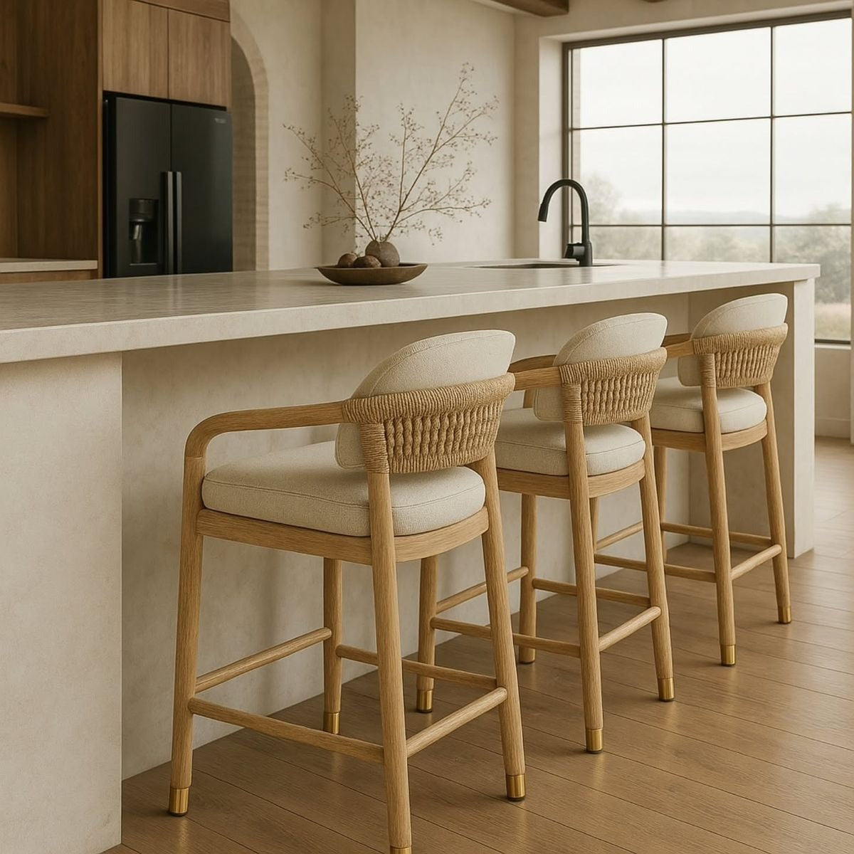 Three teak-framed bar stools with woven natural rope backs, cream upholstered seats and supportive arms, brass-capped feet, arranged along a light stone kitchen island in a coastal-contemporary setting.