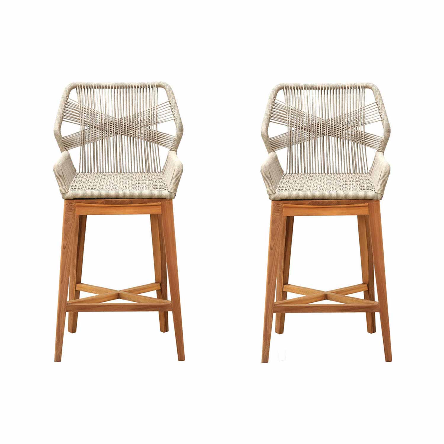 Pair of teak outdoor bar stools with natural woven rope seats and crisscross rope-back design, solid teak legs with X-shaped stretcher and low arms, presented on a white background in a coastal contemporary style.