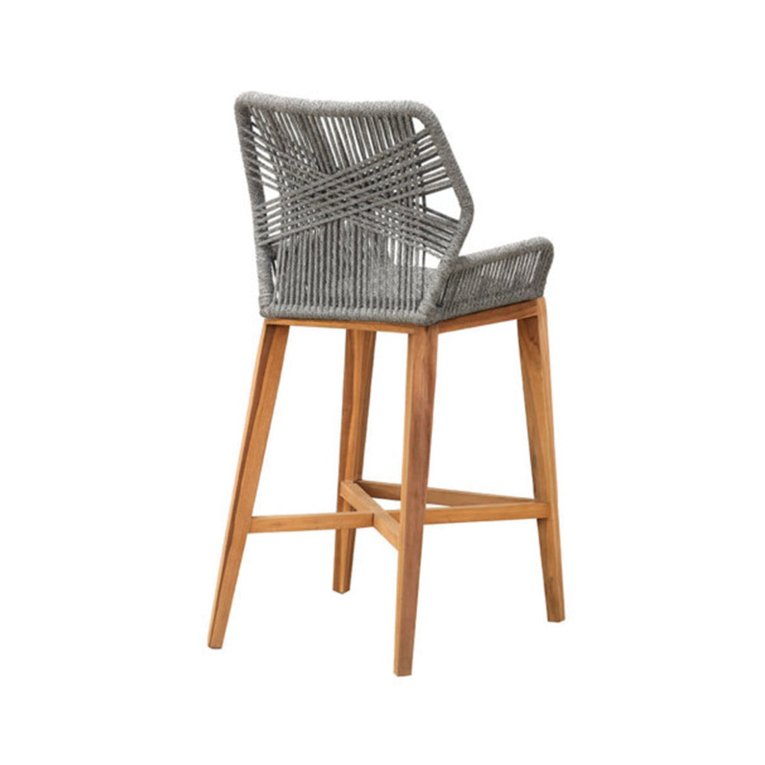Teak outdoor bar stool with natural teak legs and a grey woven rope back and seat, tapered legs and crossbar footrest in a coastal contemporary style.