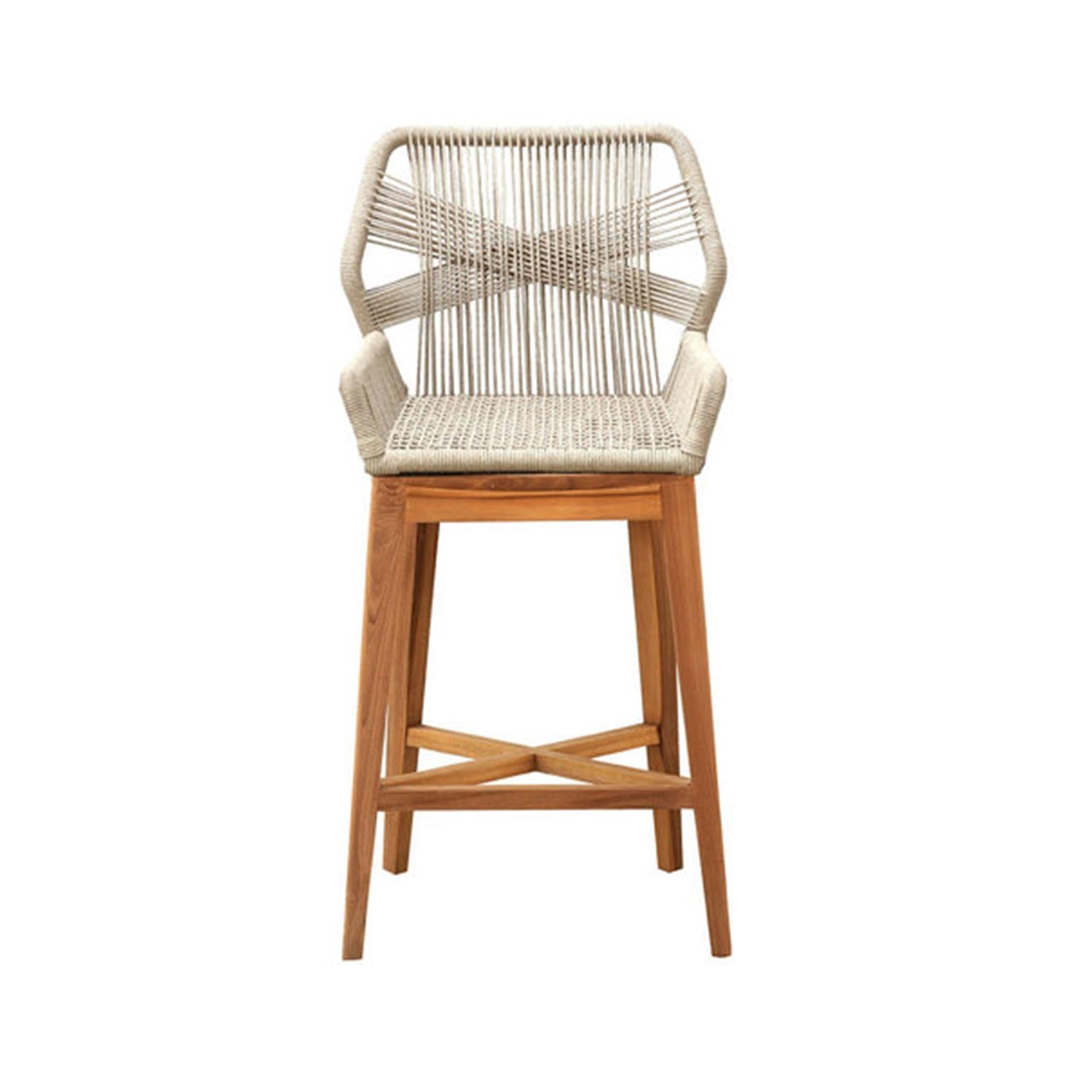 Teak outdoor bar stool with natural beige woven rope seat and crisscross back, integrated armrests, tapered solid teak legs and X-shaped footrest in a coastal contemporary style.