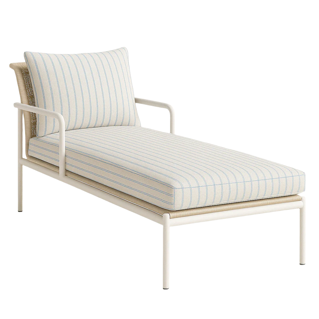 Coastal chaise lounge with a white aluminum frame, woven beige rattan back, and light beige fabric seat and back cushions featuring thin blue vertical stripes, shown on a white background.