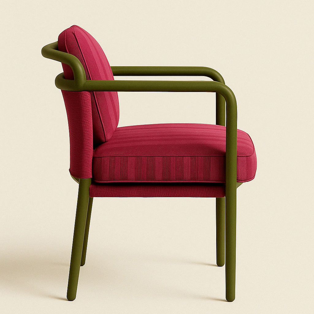 Side view of a modern patio dining chair with an olive-green tubular metal frame and deep red textured fabric seat and back cushions, padded armrests and slim metal legs on a neutral background.
