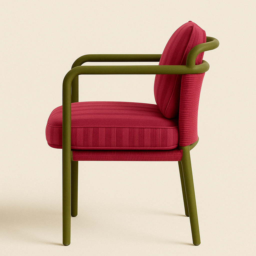 Side view of a modern patio dining chair with an olive-green metal frame and rounded armrests, upholstered in textured red fabric with plush seat and back cushions.