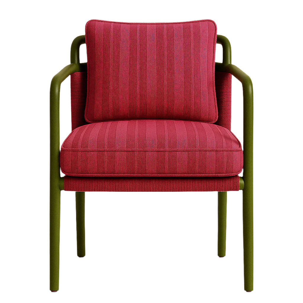 Front view of a modern patio dining chair with red striped textured fabric seat and back cushions set in an olive-green metal frame with rounded arms.
