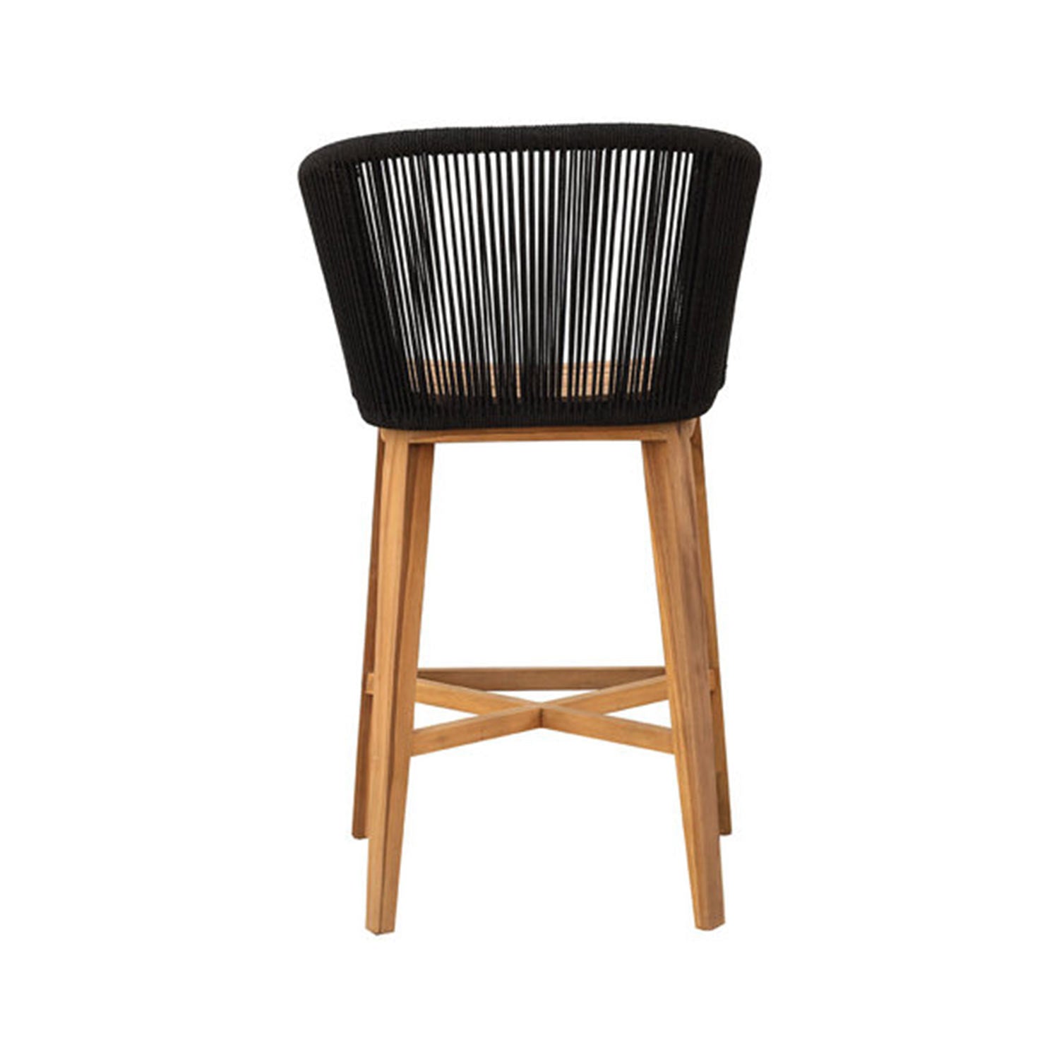 Back view of a natural teak outdoor bar stool with a curved black rope-wrapped back, natural wood seat and crossed stretcher between tapered legs in a coastal-contemporary style.