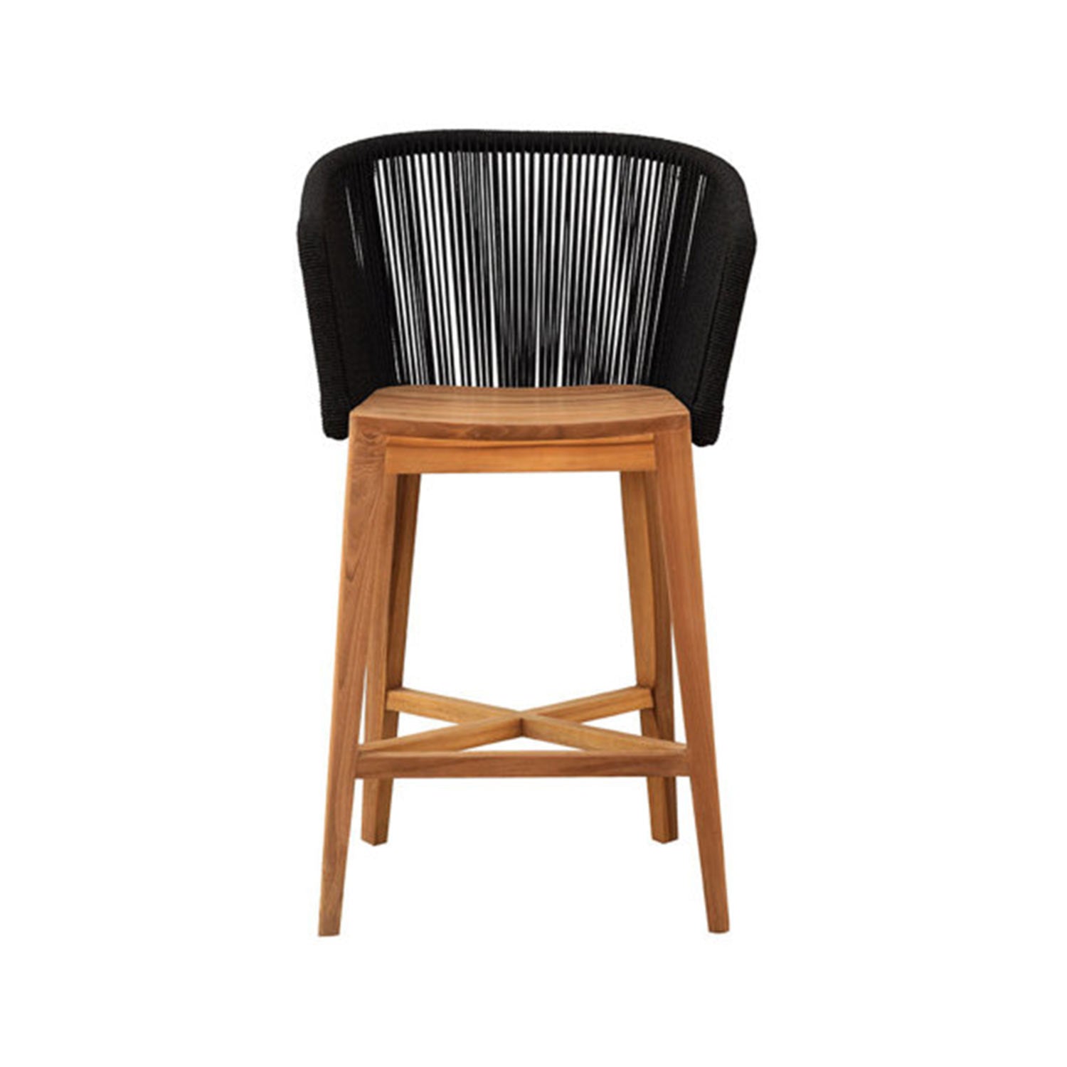 Natural teak counter stool with a carved teak seat, low curved back wrapped in black woven rope and fabric edges, and crossed stretcher footrest — modern coastal outdoor bar stool.