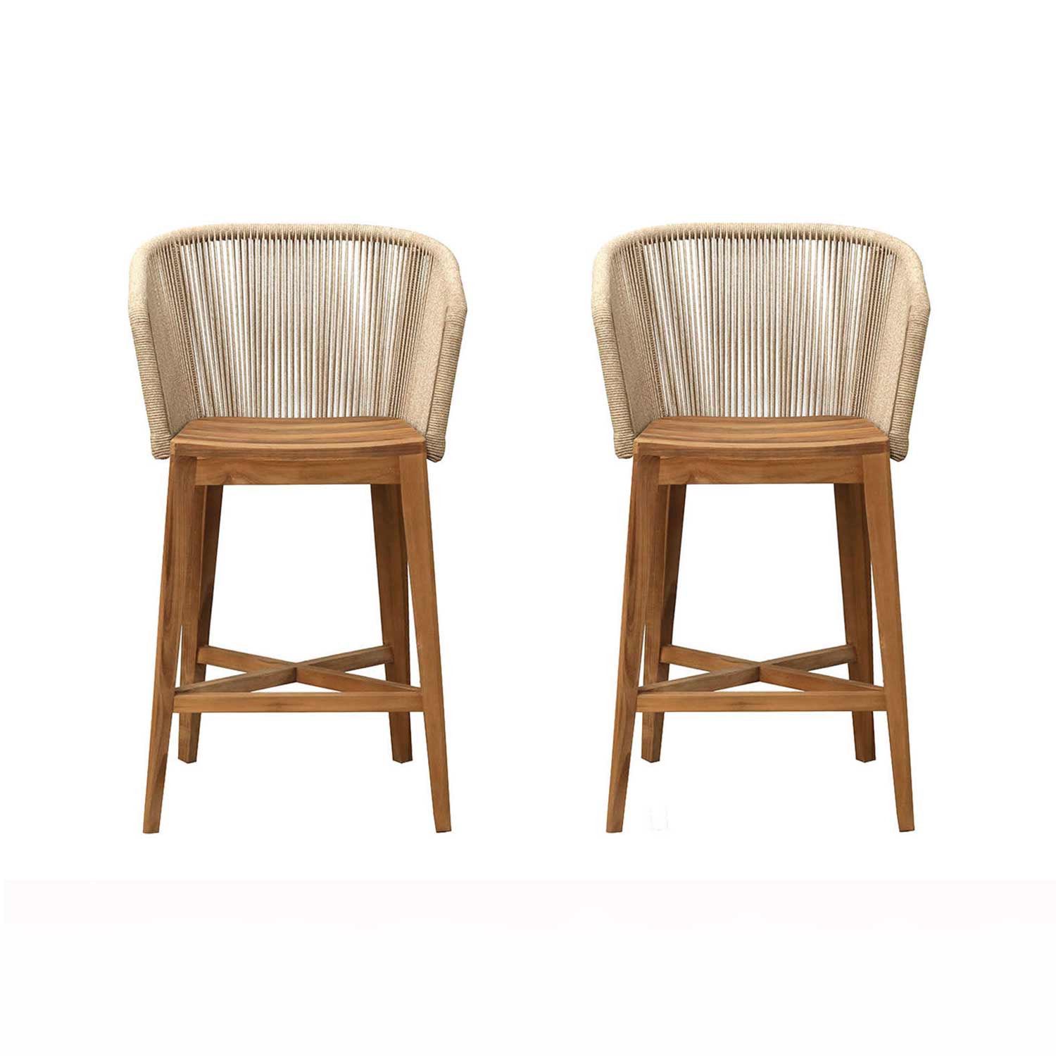 Two teak outdoor bar stools with natural woven rope backs, solid teak seats and angled legs with cross-braced footrests, shown side-by-side on a white background