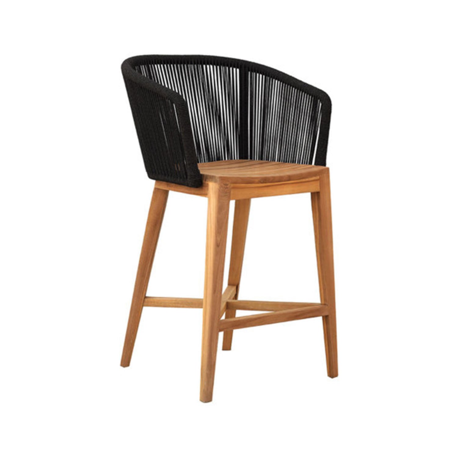 Teak outdoor bar stool with natural wood seat and legs, curved black rope-wrapped backrest and integrated footrest in a modern coastal design for counter or bar seating.