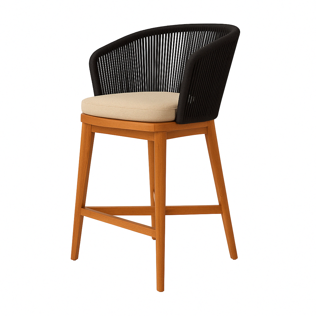 Outdoor teak bar stool with natural wood frame, beige fabric seat cushion and black rope-wrapped curved back in a coastal contemporary style.