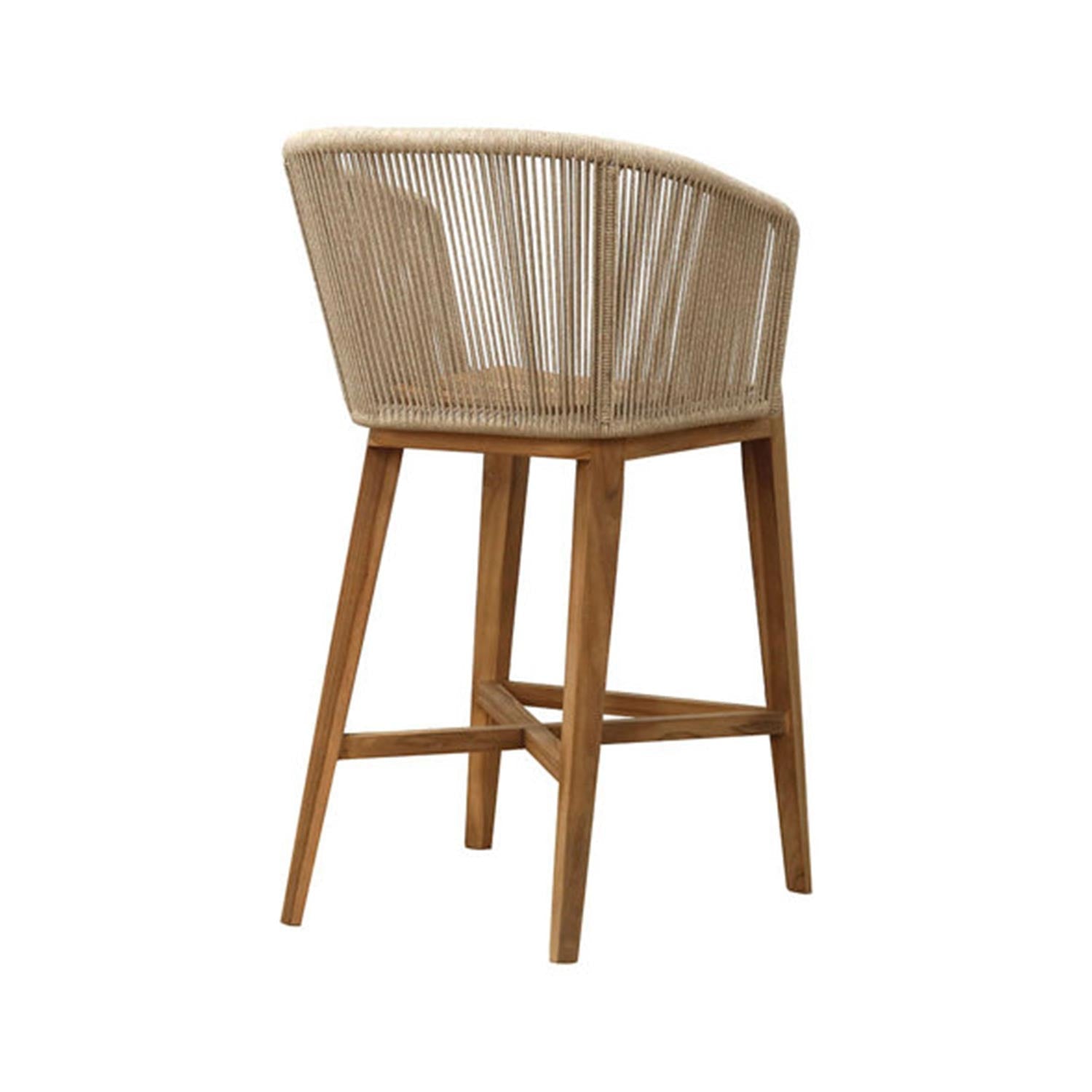 Coastal-modern outdoor bar stool with a natural teak wood frame and squared legs, featuring a rounded beige rope-wrapped backrest and integrated wooden footrest.