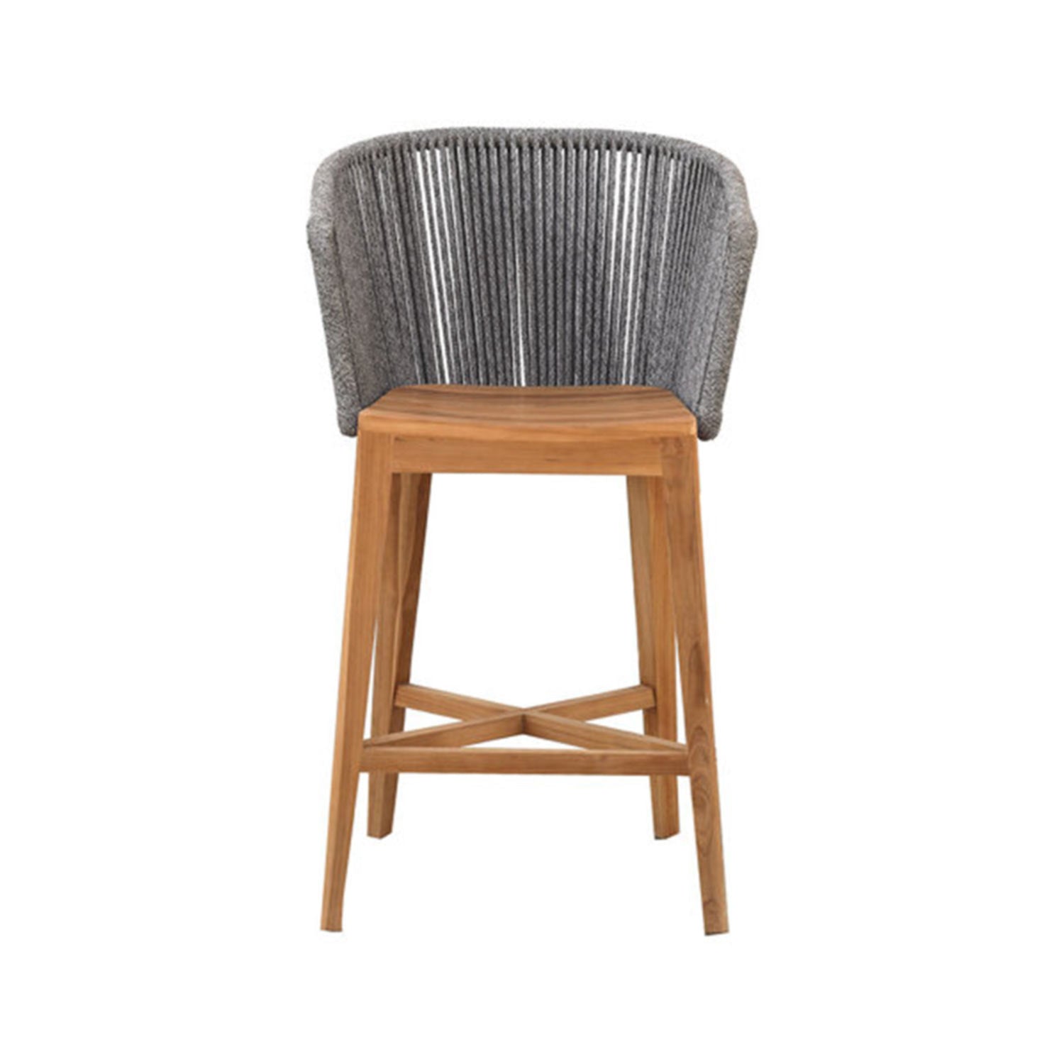 Front view of a natural teak wood outdoor bar stool with a curved grey woven fabric back, padded sides, tapered legs and crossed footrest on a white background.