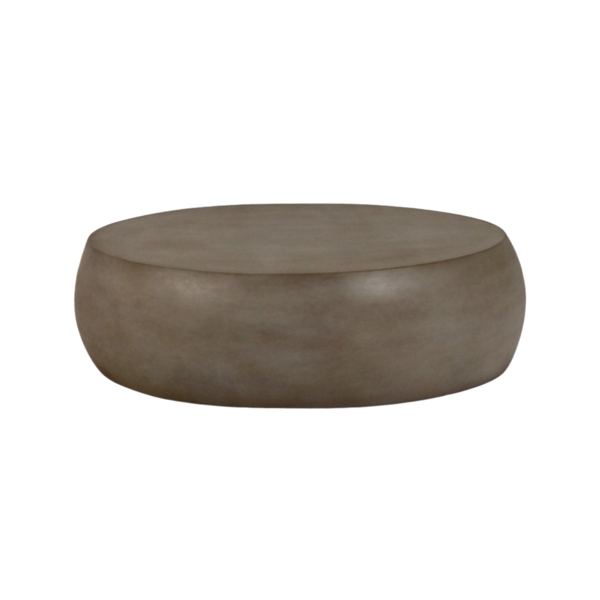 Low round pebble-shaped coffee table in mahogany-toned fiber concrete with a smooth matte surface and minimalist modern silhouette, shown as an outdoor or indoor accent table.