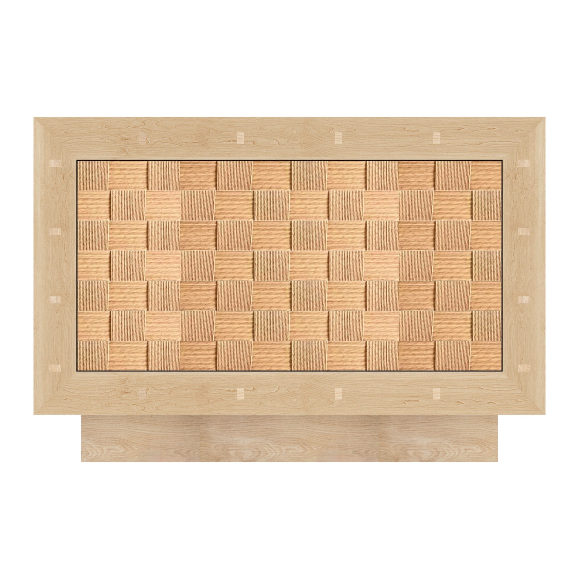 Front view of a nightstand drawer featuring a woven checkerboard pattern of light natural wood squares, set inside a wider natural wood frame and sitting on a low plinth base in a modern minimalist style.