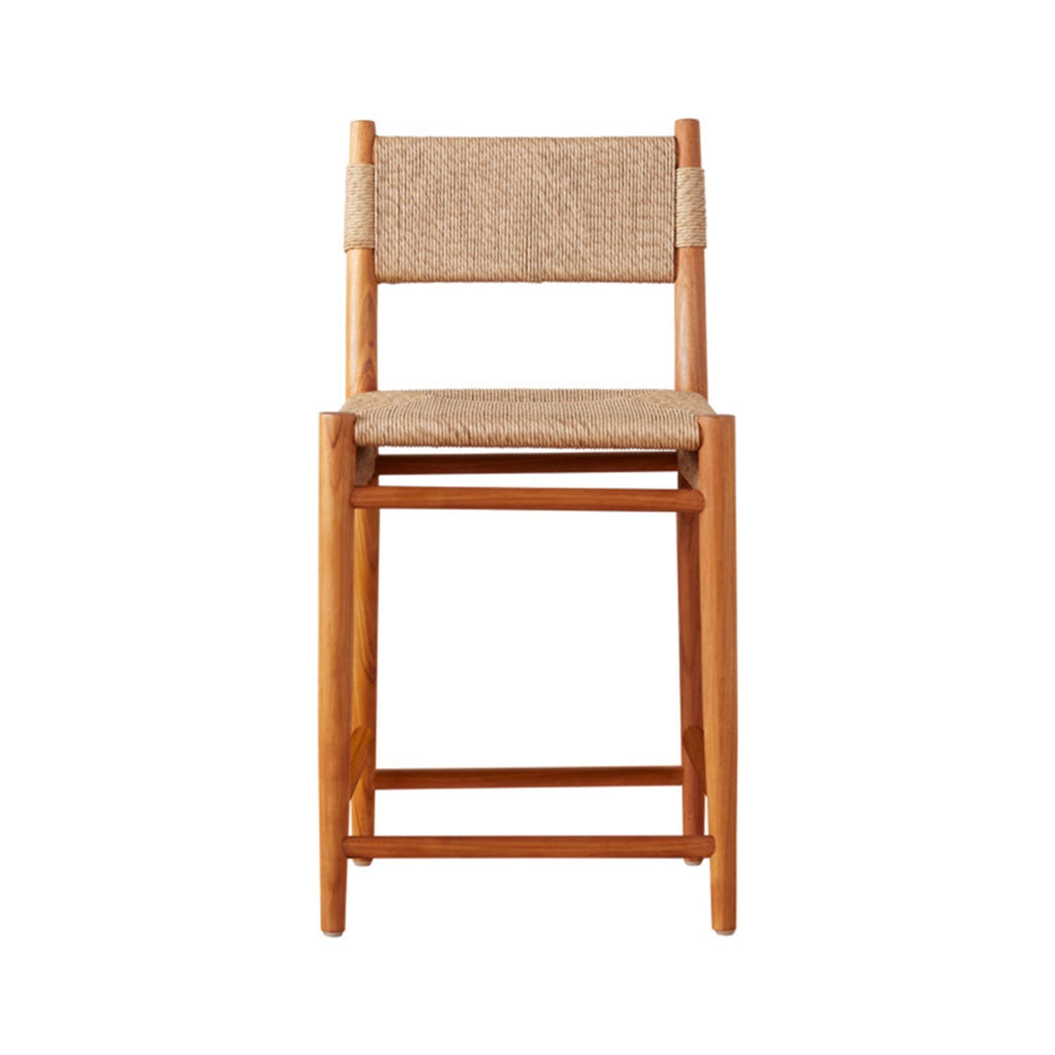 Front view of an armless teak bar stool with natural woven fiber seat and back, clean-lined coastal modern farmhouse frame and integrated footrest.