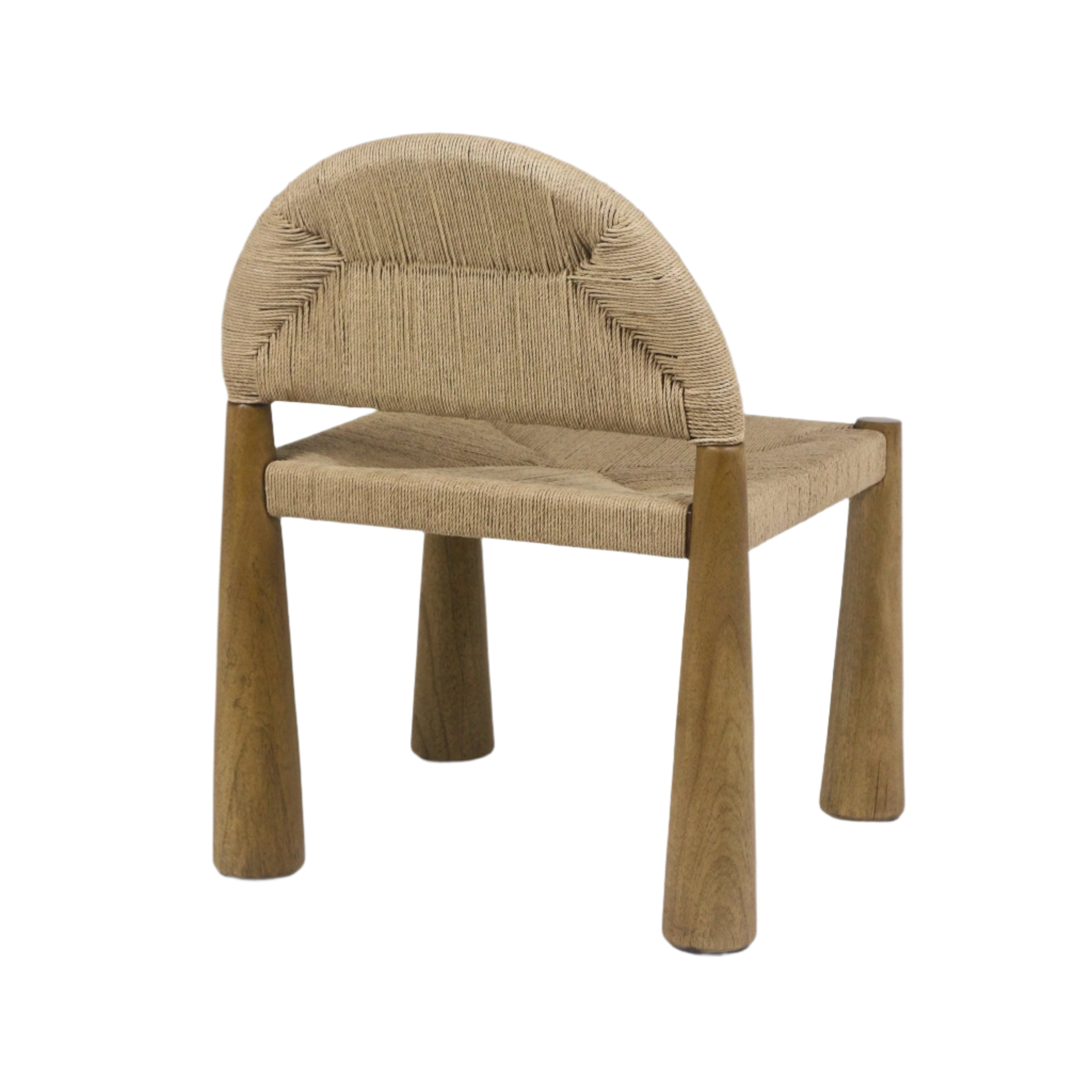 Armless dining chair featuring a curved woven seagrass seat and back in natural beige, supported by chunky tapered teak legs for a minimalist coastal look.
