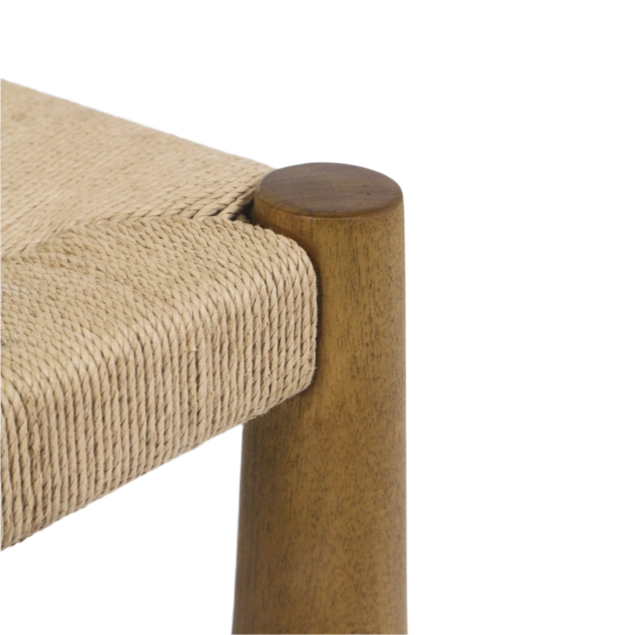 Close-up of a natural seagrass-woven dining chair seat secured to a rounded teak leg, highlighting the beige rope weave texture and warm natural teak wood finish.