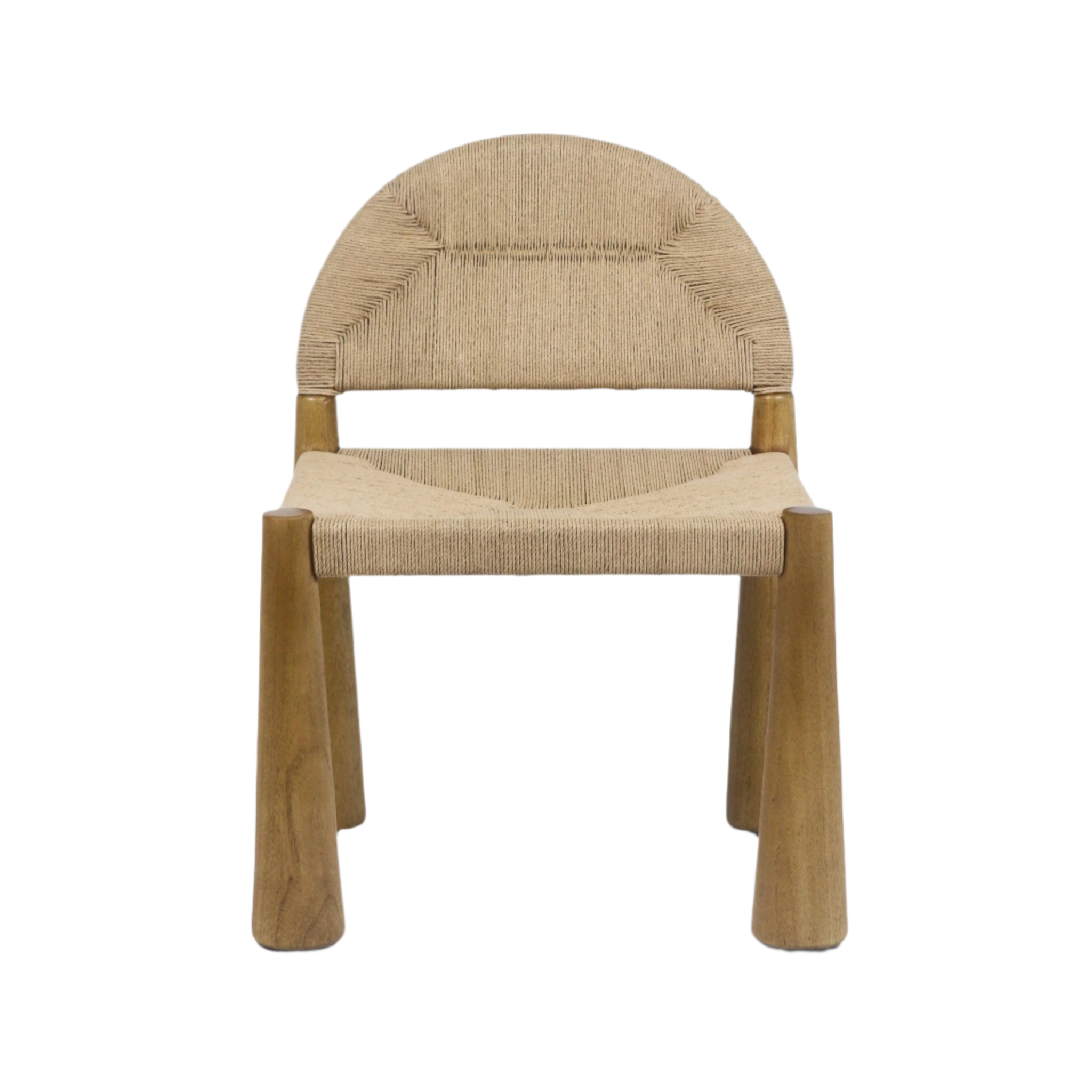 Front-facing armless dining chair with a rounded woven seagrass back and woven seagrass seat supported by four solid teak legs in a natural teak finish.