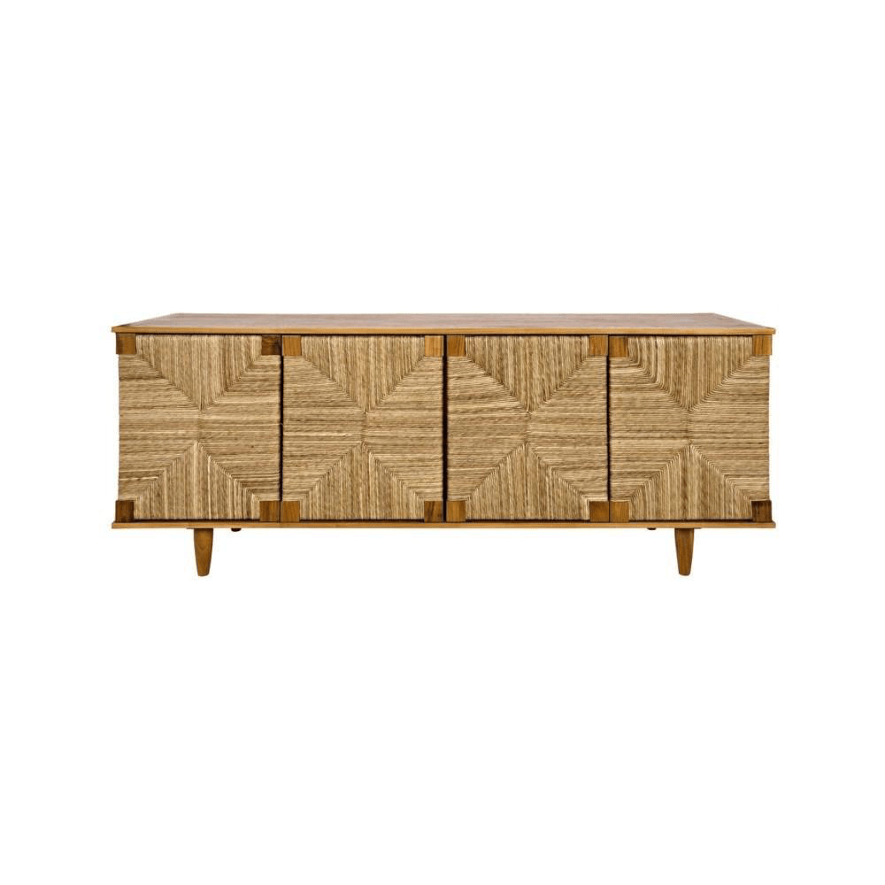 Four-door solid wood sideboard with woven seagrass fronts in a natural finish, geometric square pattern on each door, slim wood top and tapered legs for a coastal, mid-century inspired look.