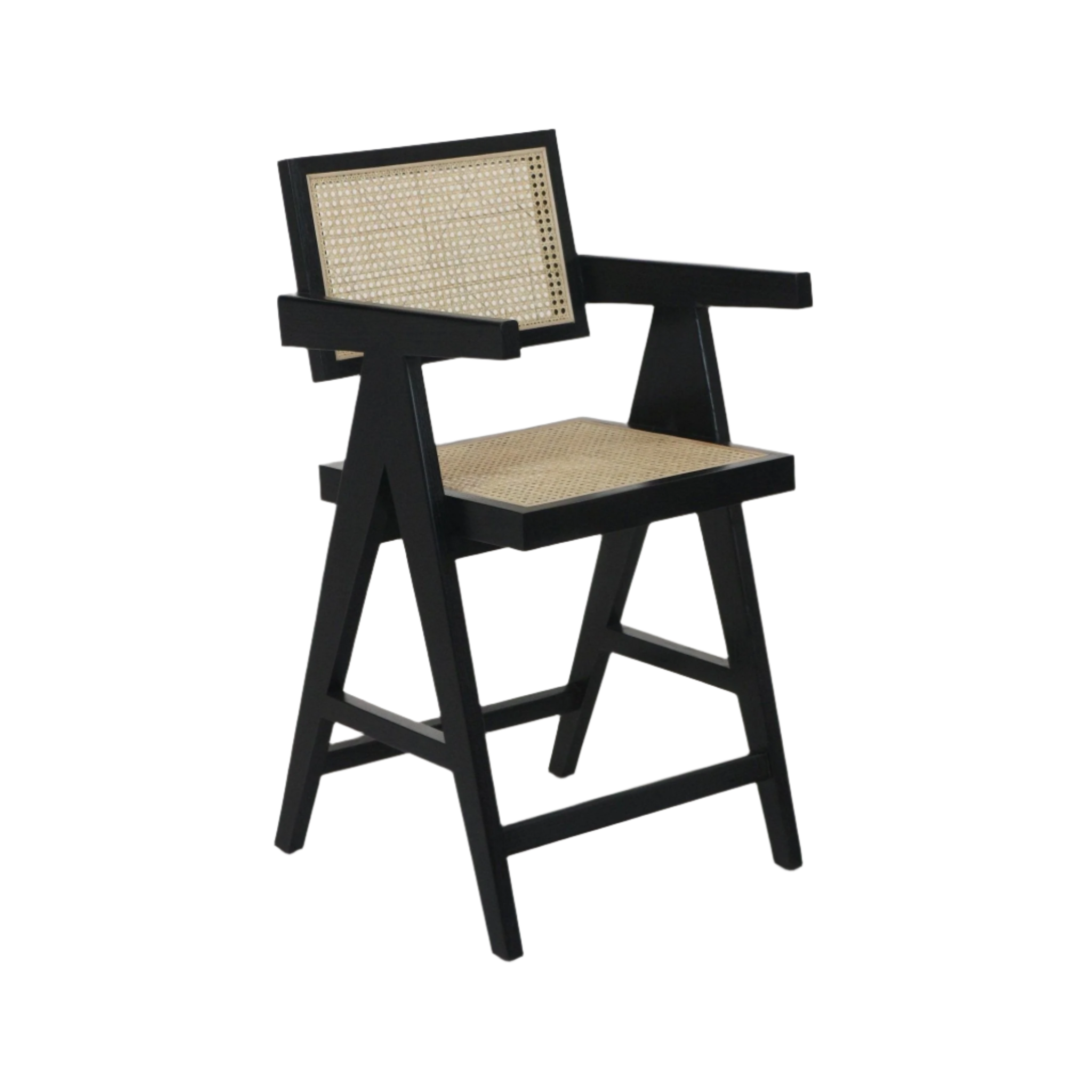 Black stained wood bar stool with natural woven rattan cane seat and rectangular cane back, angular A-frame legs and flat armrests in a mid-century modern style.