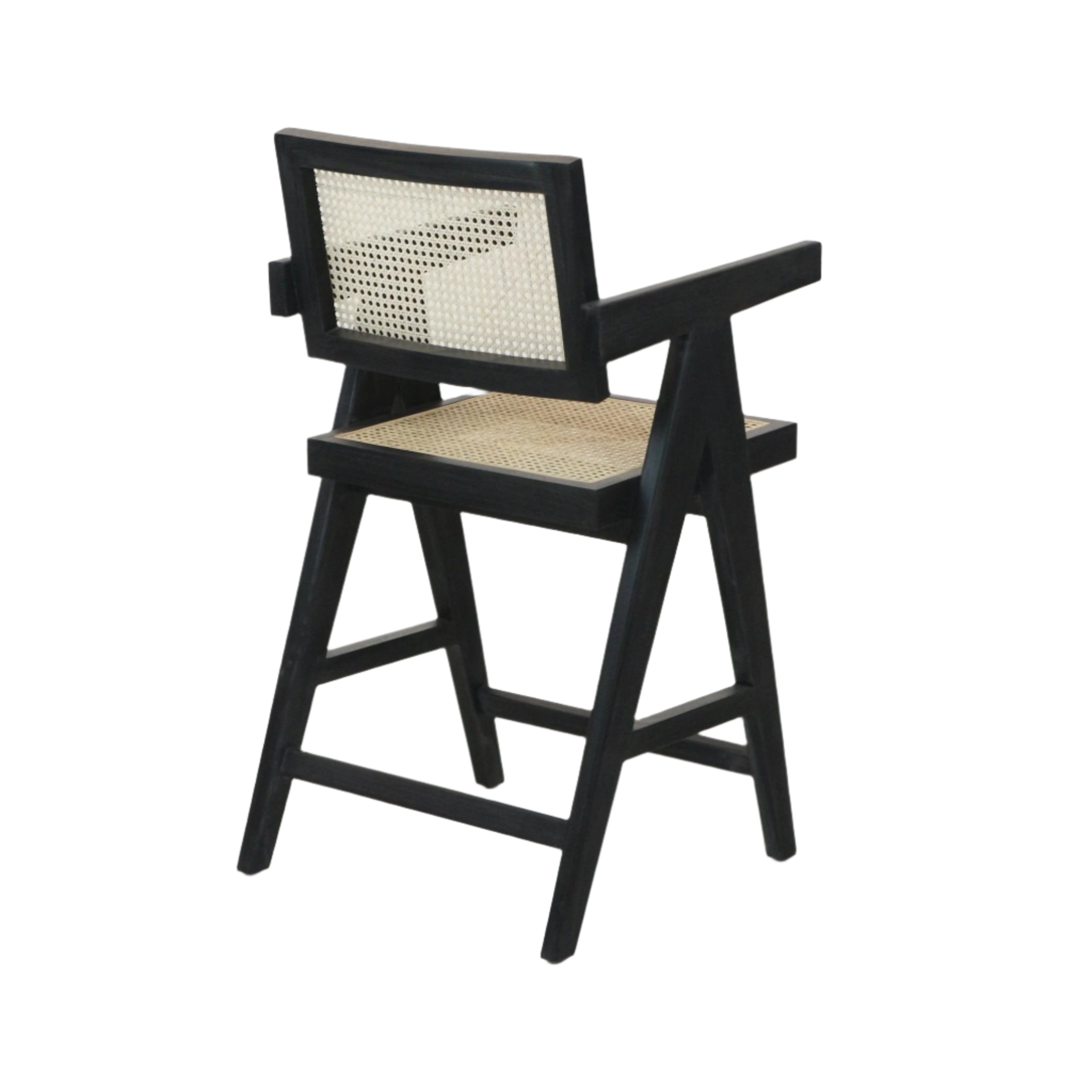 Black wood-framed bar stool with natural woven cane/rattan seat and back, angular mid-century modern frame with short armrests and integrated footrest.