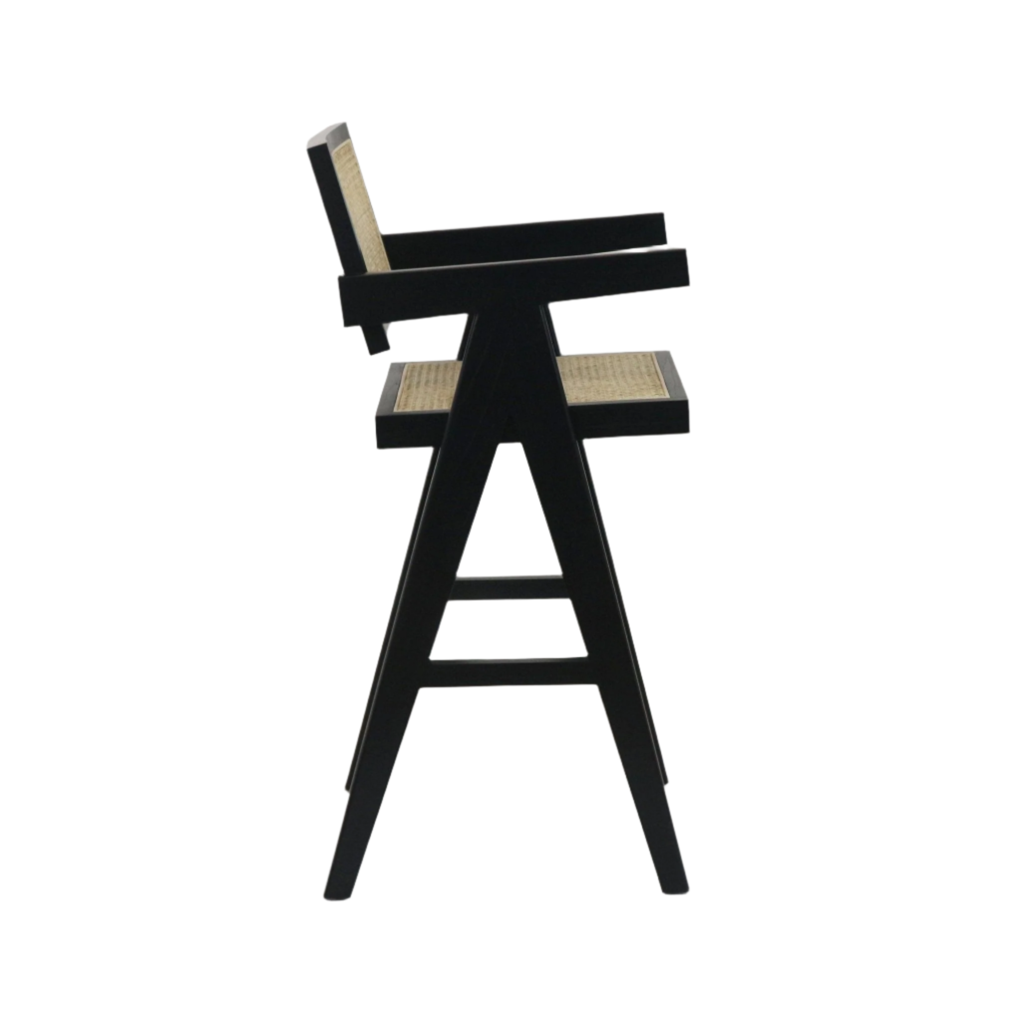 Side profile of a black wooden bar stool with A-frame legs, natural rattan seat and back, and straight armrests on a white background.