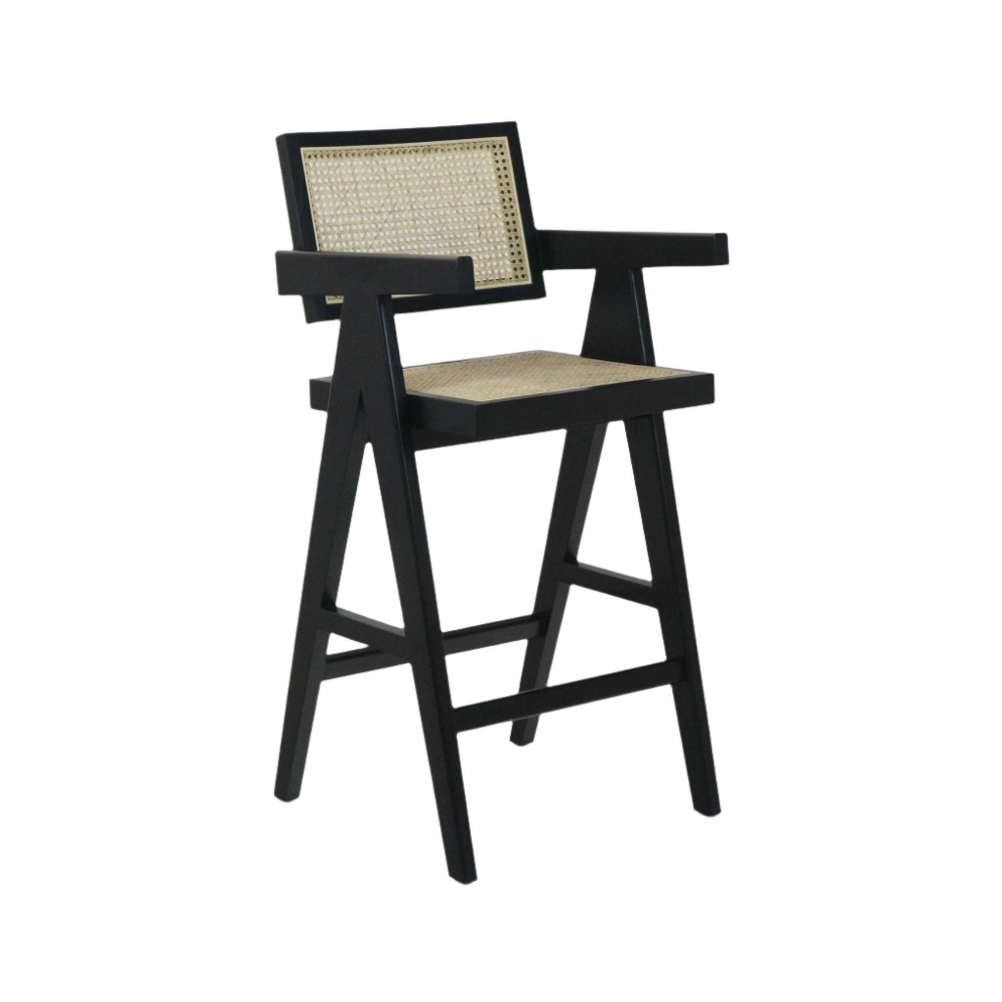 Black wooden bar stool with natural rattan cane seat and back, angular mid-century modern frame, integrated armrests and a front footrest.