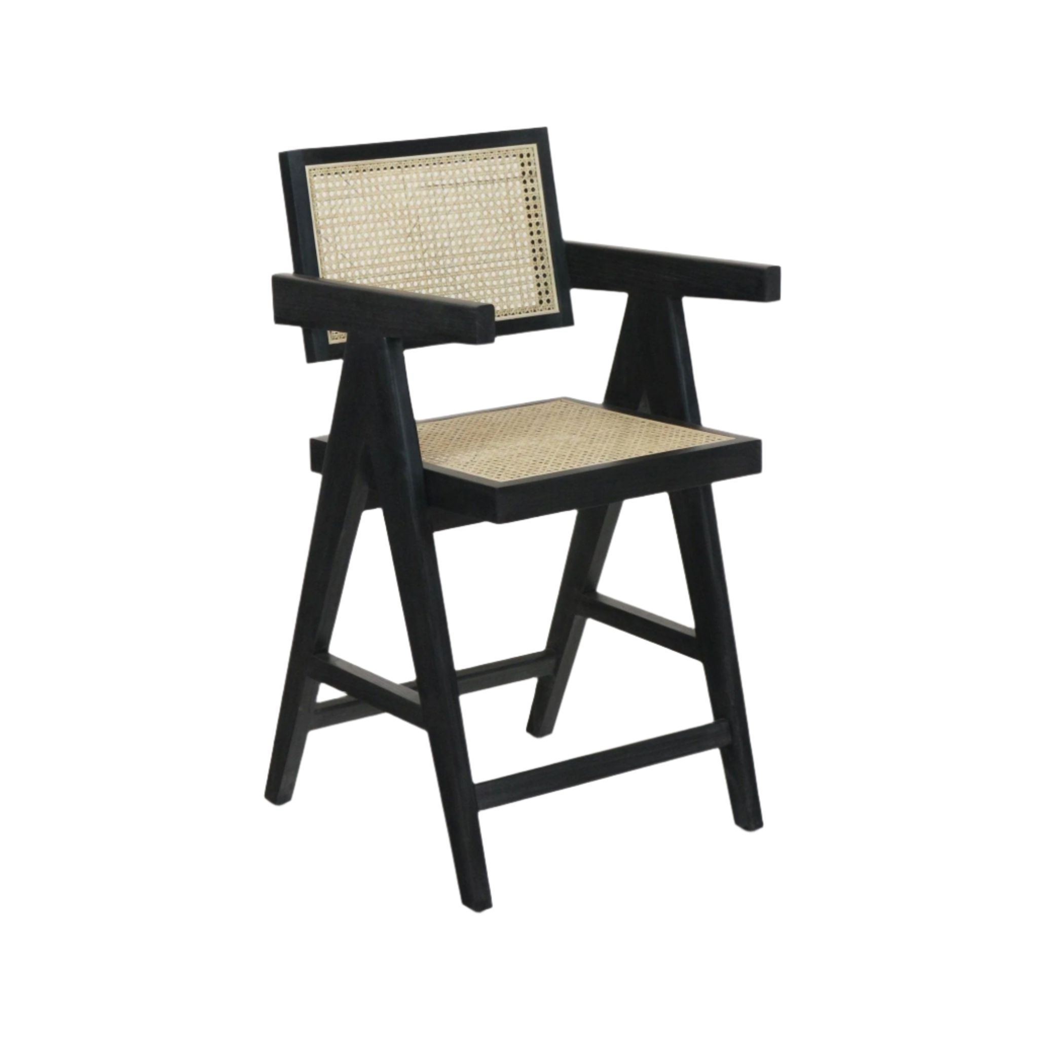 Black wooden bar stool with natural woven rattan seat and back, angular A-frame legs, flat armrests and a front footrest in a mid-century modern style.